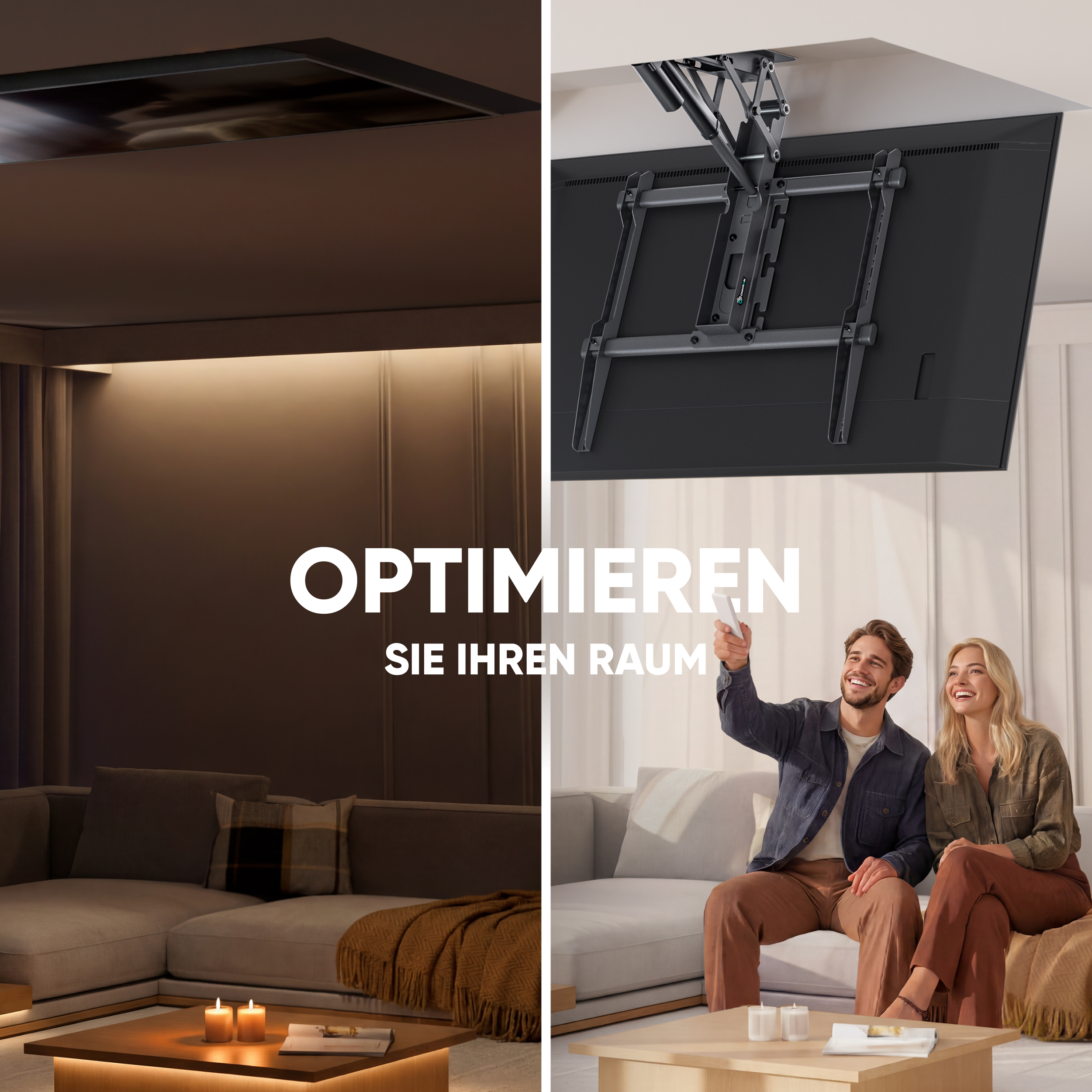 Ein Paar sitzt auf einem Sofa und steuert mit einer Fernbedienung eine Decken-TV-Halterung.