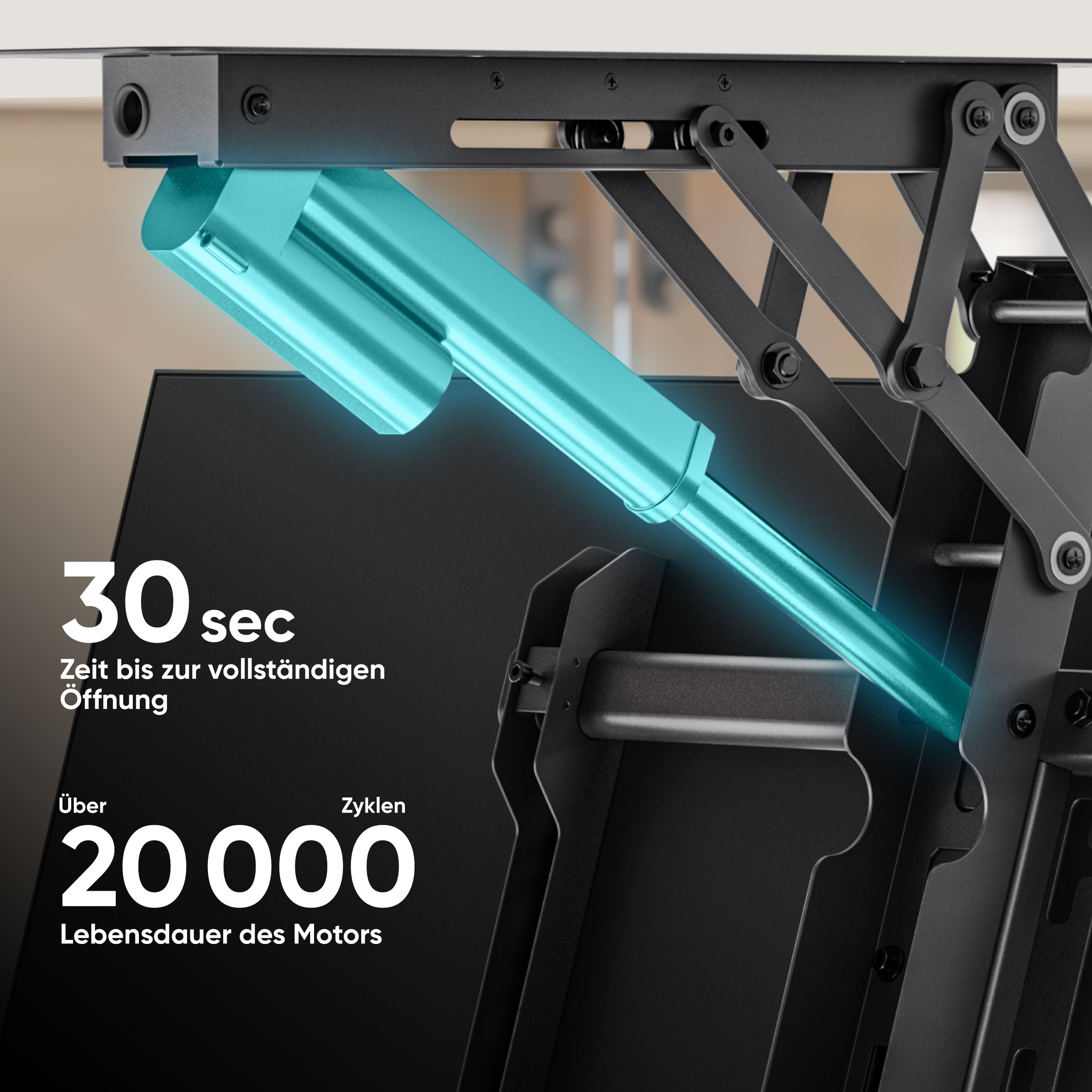 Mechanischer TV-Halter mit blauem elektrischem Zylinder und Text über Öffnungszeit und Lebensdauer.