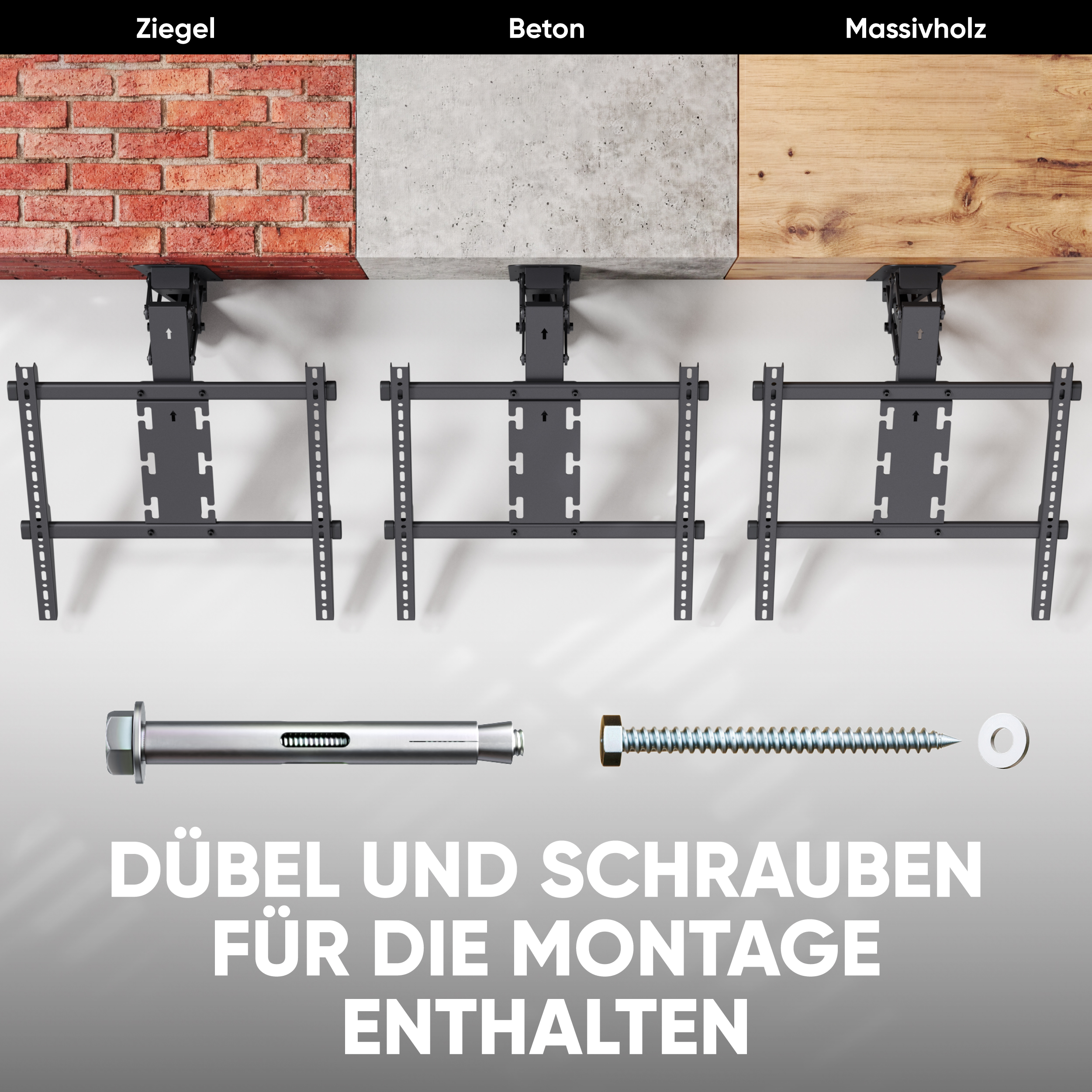 Drei TV-Halterungen an Ziegel, Beton und Holz mit passenden Dübeln und Schrauben.