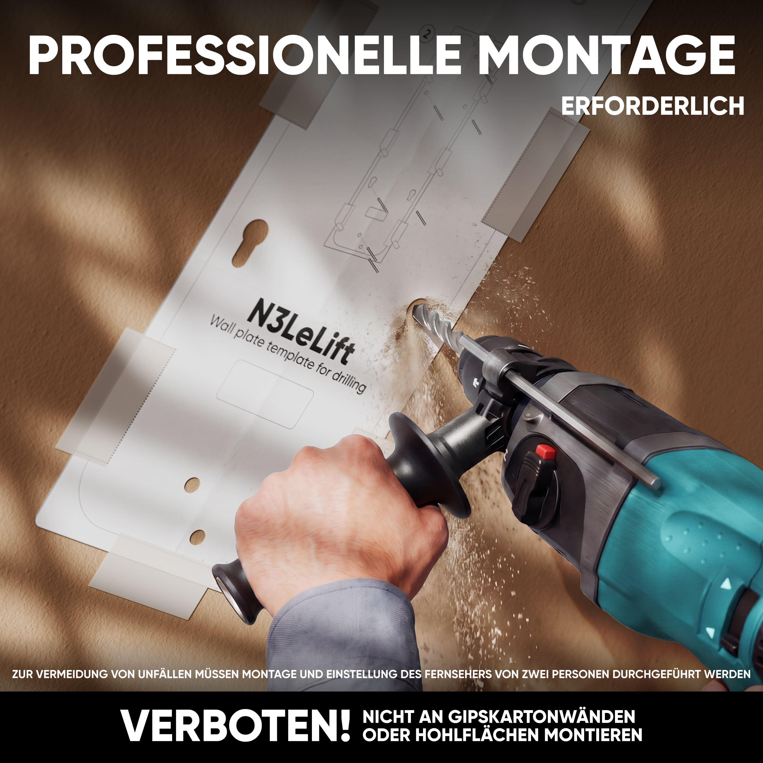 Eine Hand bohrt mit einer Bohrmaschine durch eine an der Wand befestigte Schablone.