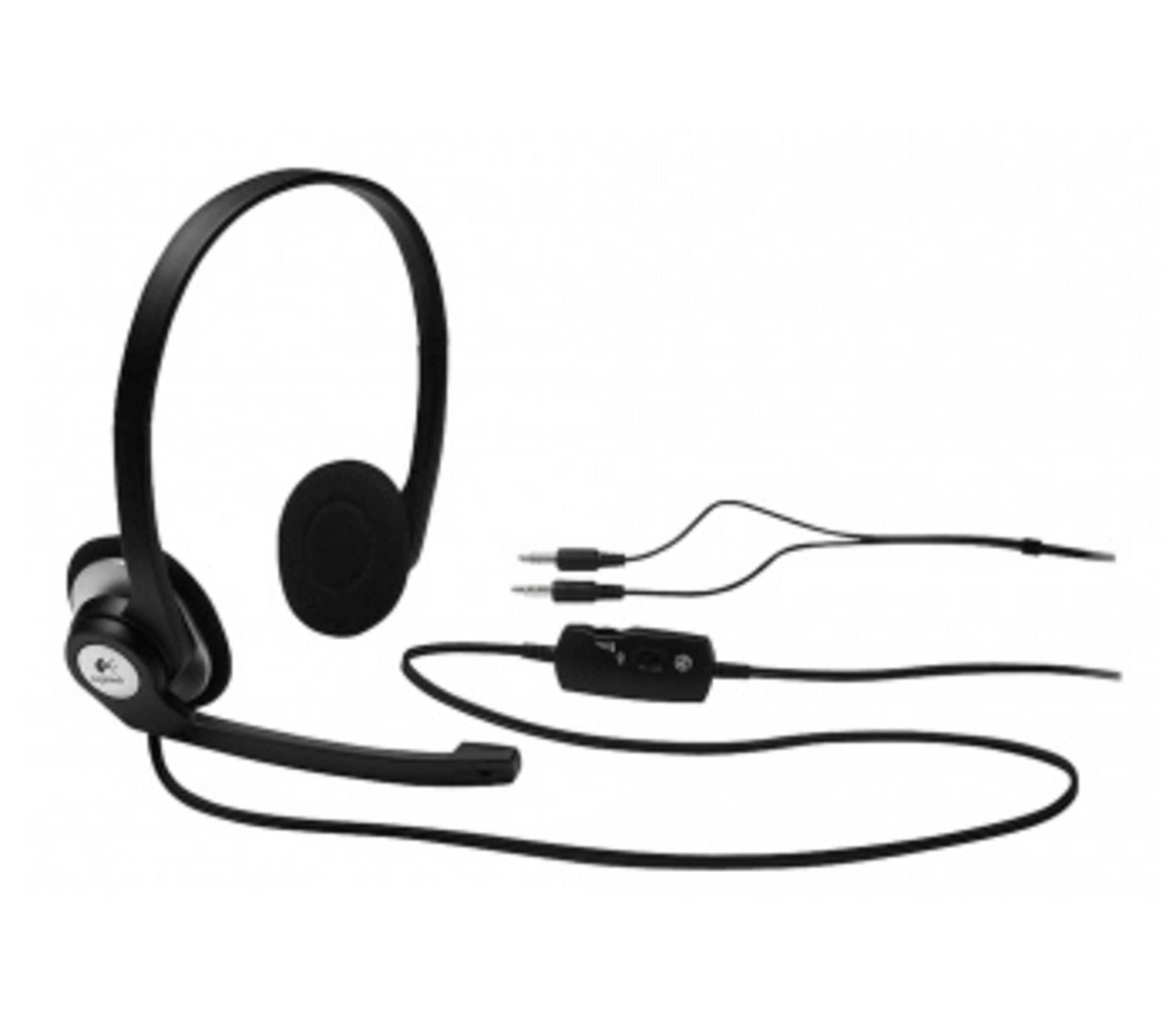 Cuffie nere Logitech con braccio microfono, controllo in linea e due jack audio su sfondo bianco.