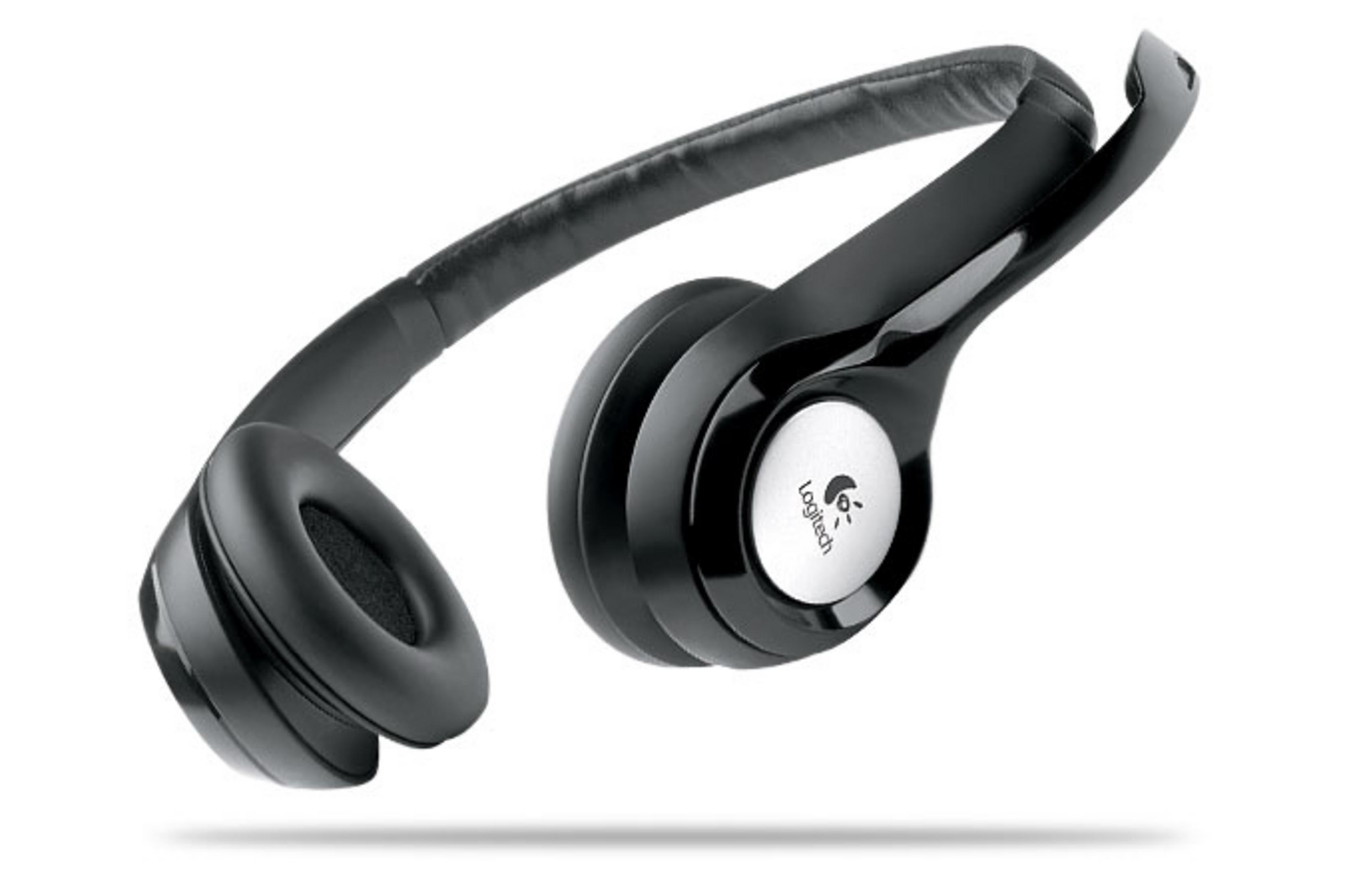 Cuffie on-ear Logitech nere con logo argento su sfondo bianco.