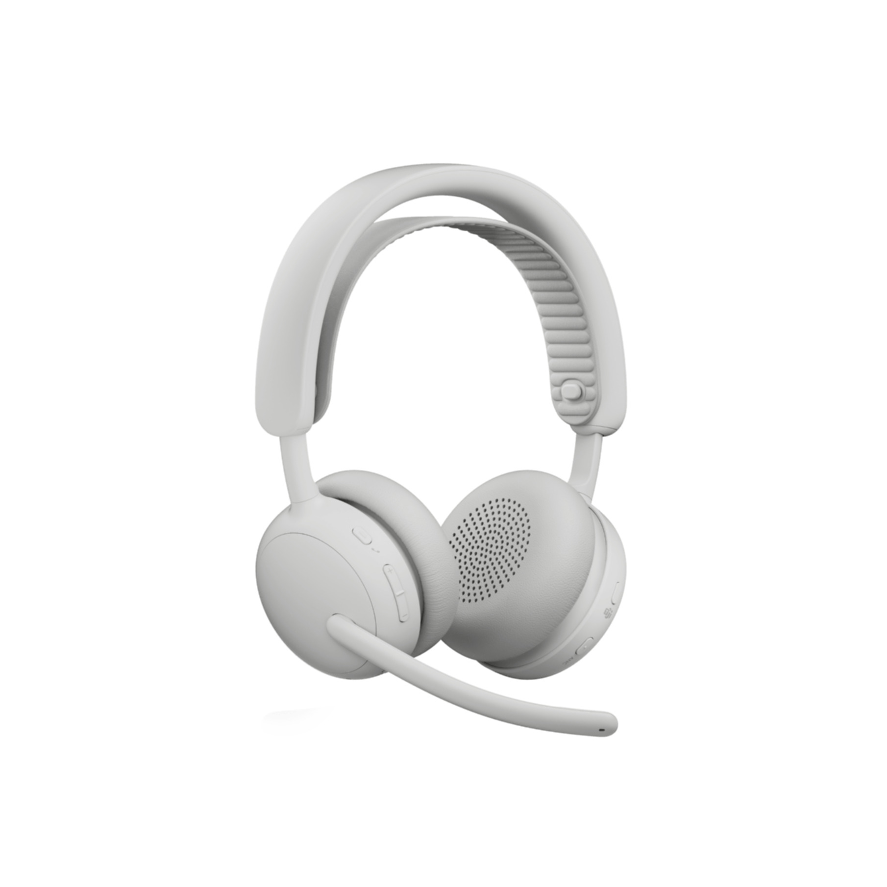 Cuffie over-ear grigie con microfono ad asta integrato su sfondo bianco.