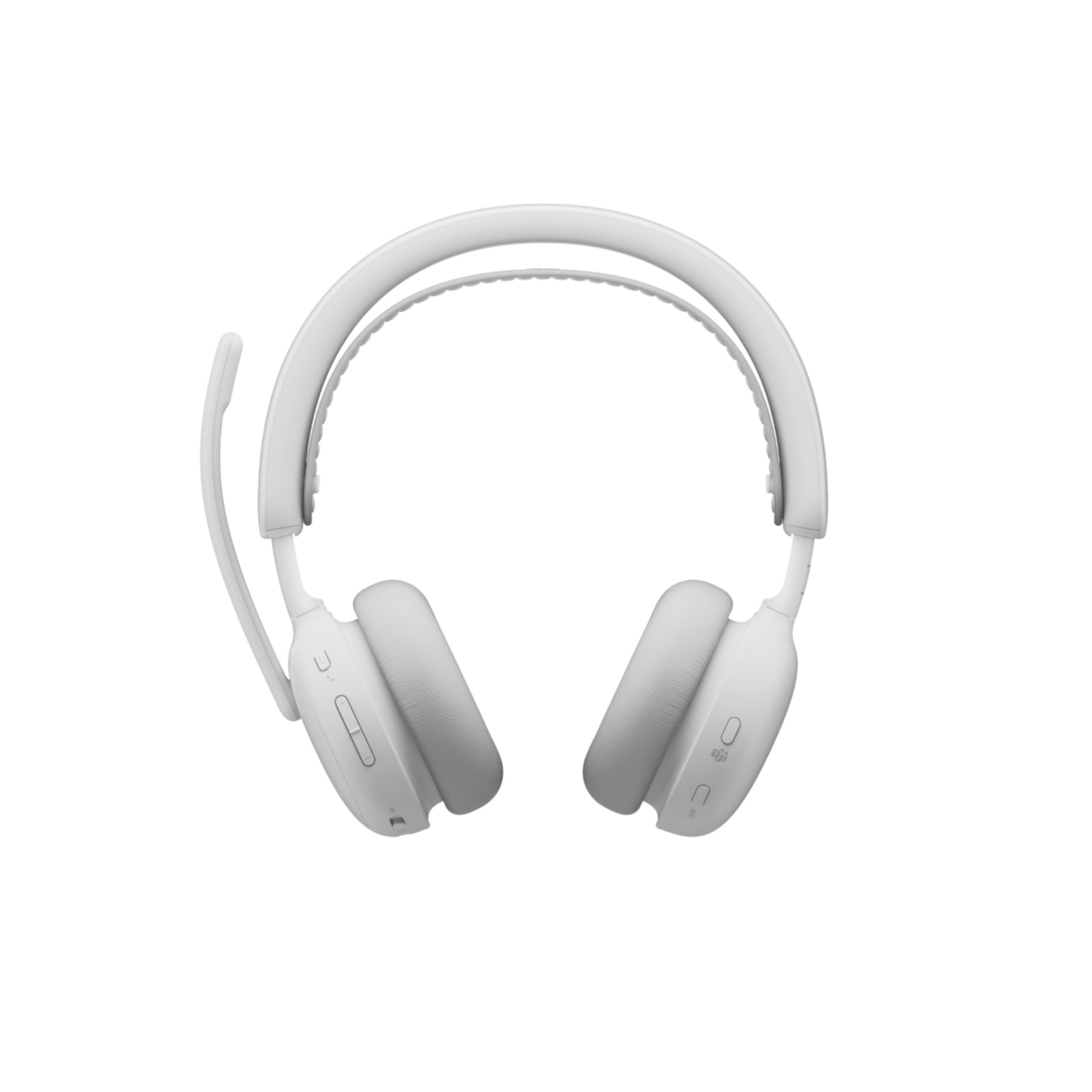 Cuffie over-ear bianche con microfono e pulsanti su sfondo bianco.