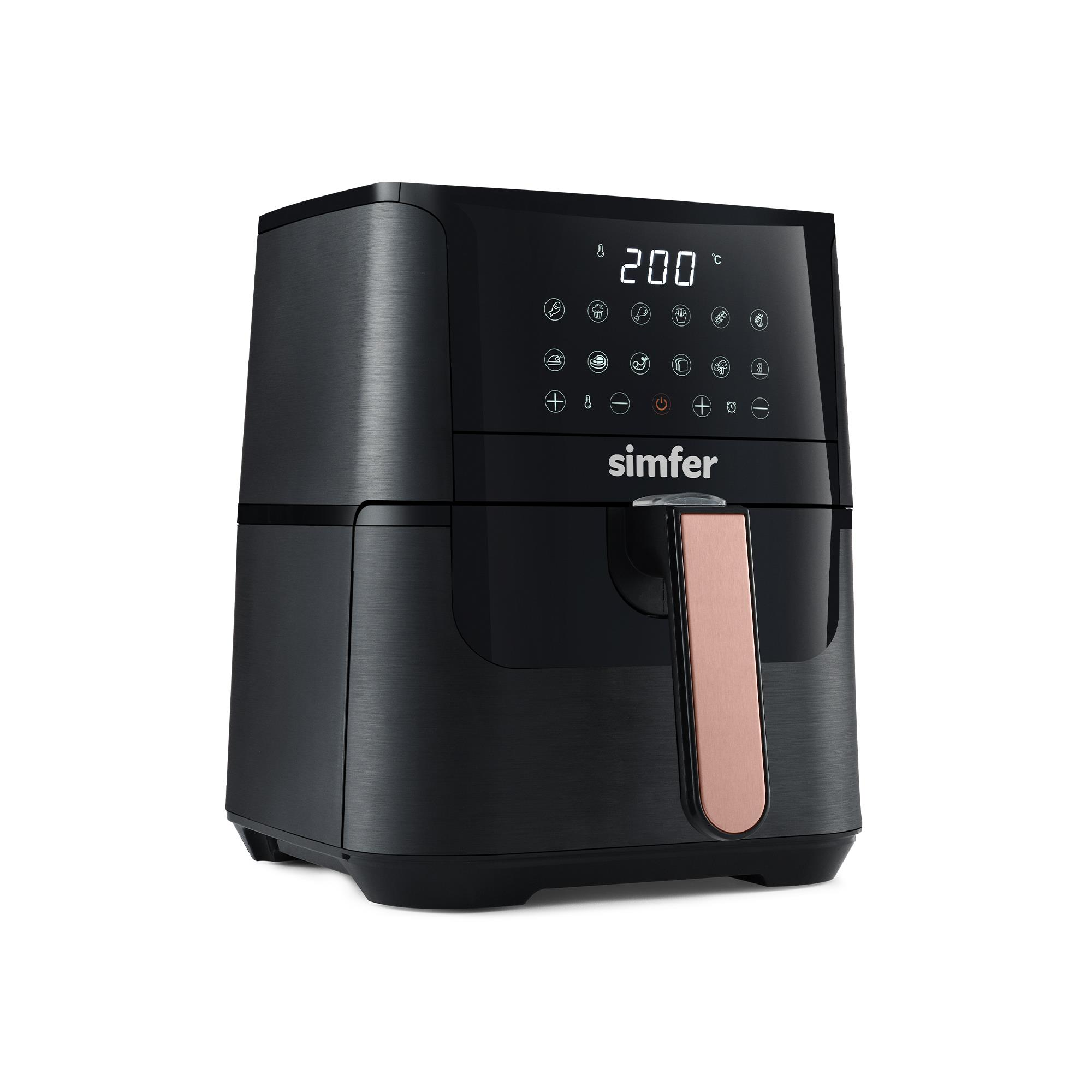 Dijital ekran, dokunmatik kontrol paneli, Simfer logosu ve pembe altın rengi tutma sapına sahip siyah airfryer, beyaz arka plan.