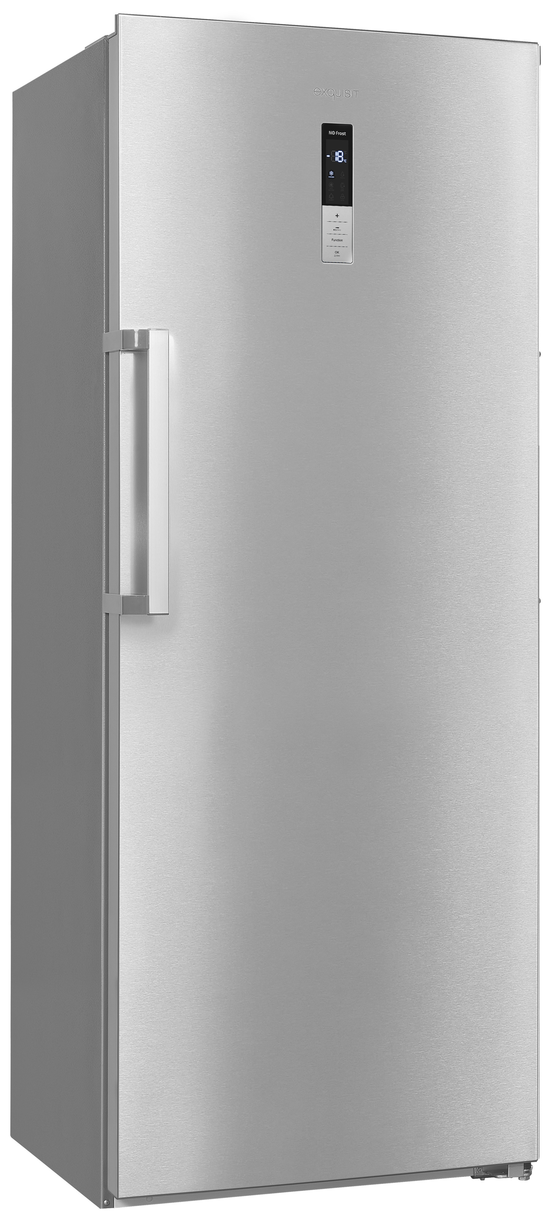 Edelstahl-Gefrierschrank mit Türgriff und digitalem Display oben auf weißem Hintergrund.