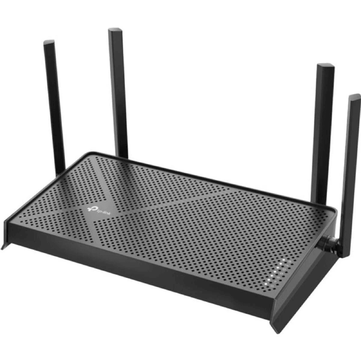 Un router Wi-Fi nero con quattro antenne verticali e superficie perforata su sfondo bianco.