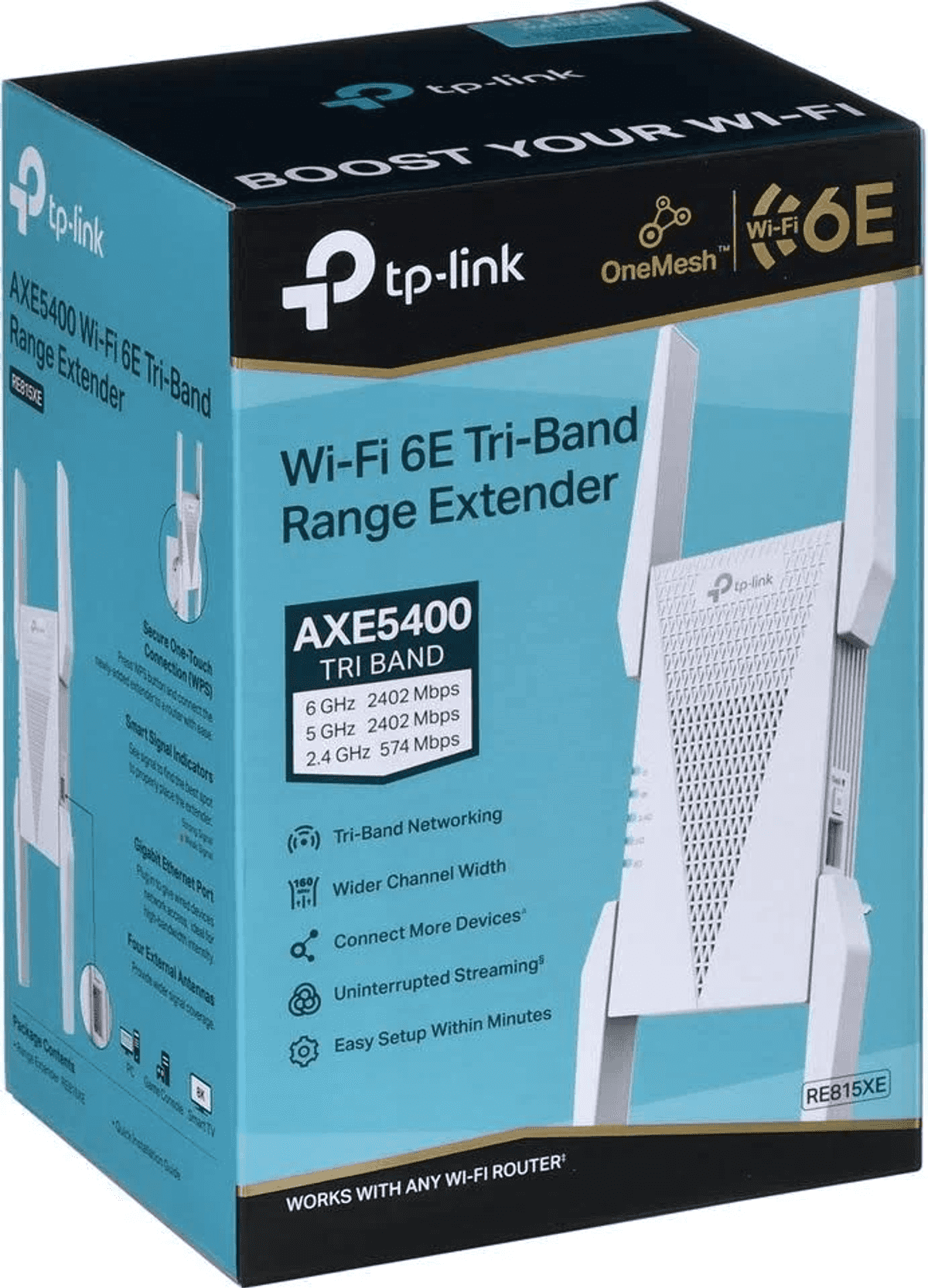 Embalaje de un extensor de rango Tri-Band Wi-Fi 6E de TP-Link en color blanco con detalles del producto.