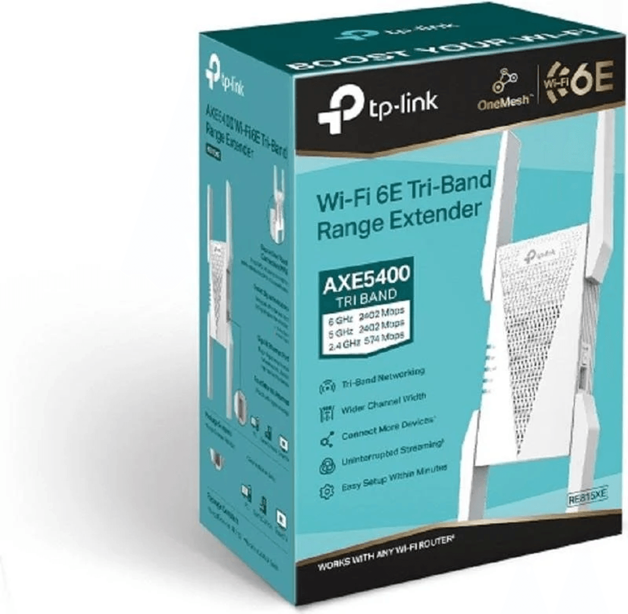 Caja de producto extensor de rango tribanda Wi-Fi 6E TP-Link en verde azulado y negro.