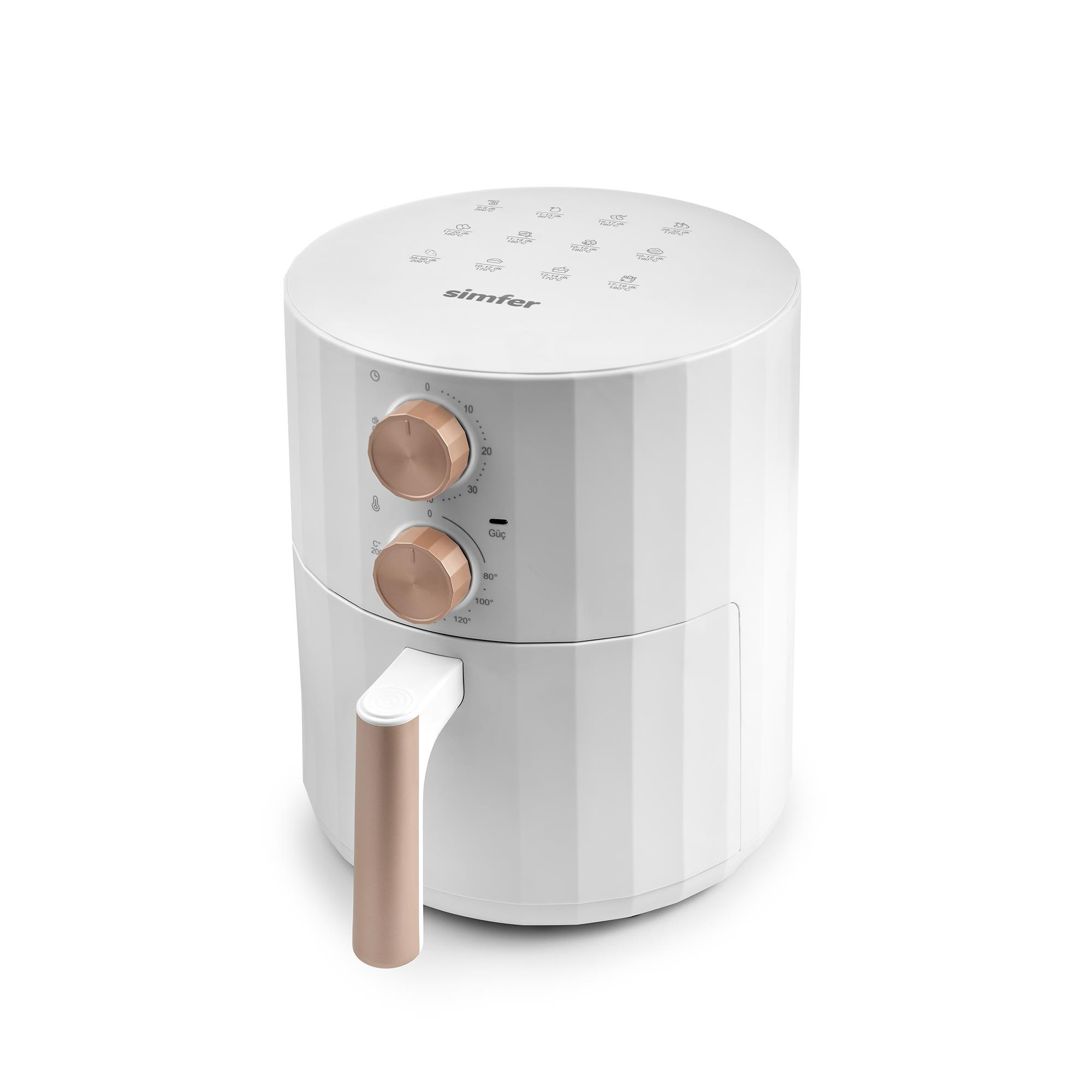 Pembe altın düğmeli ve kulplu beyaz bir Simfer airfryer.