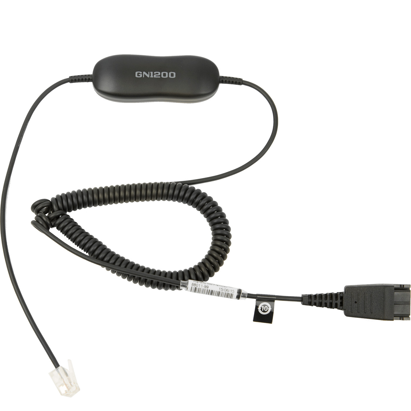 Un cavo per cuffie GN1200 nero con modulo e connettori su sfondo bianco.