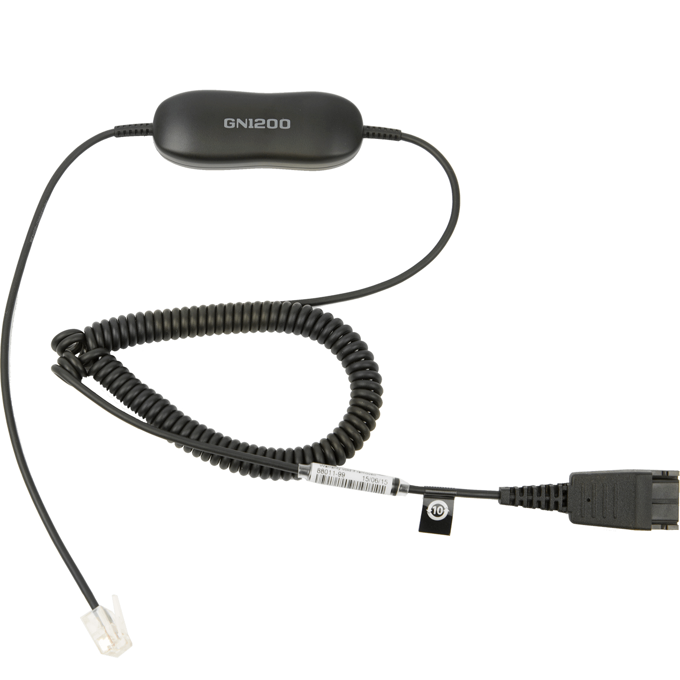 Un cavo intelligente GN1200 nero con cavo spiralato e connettori su sfondo bianco.