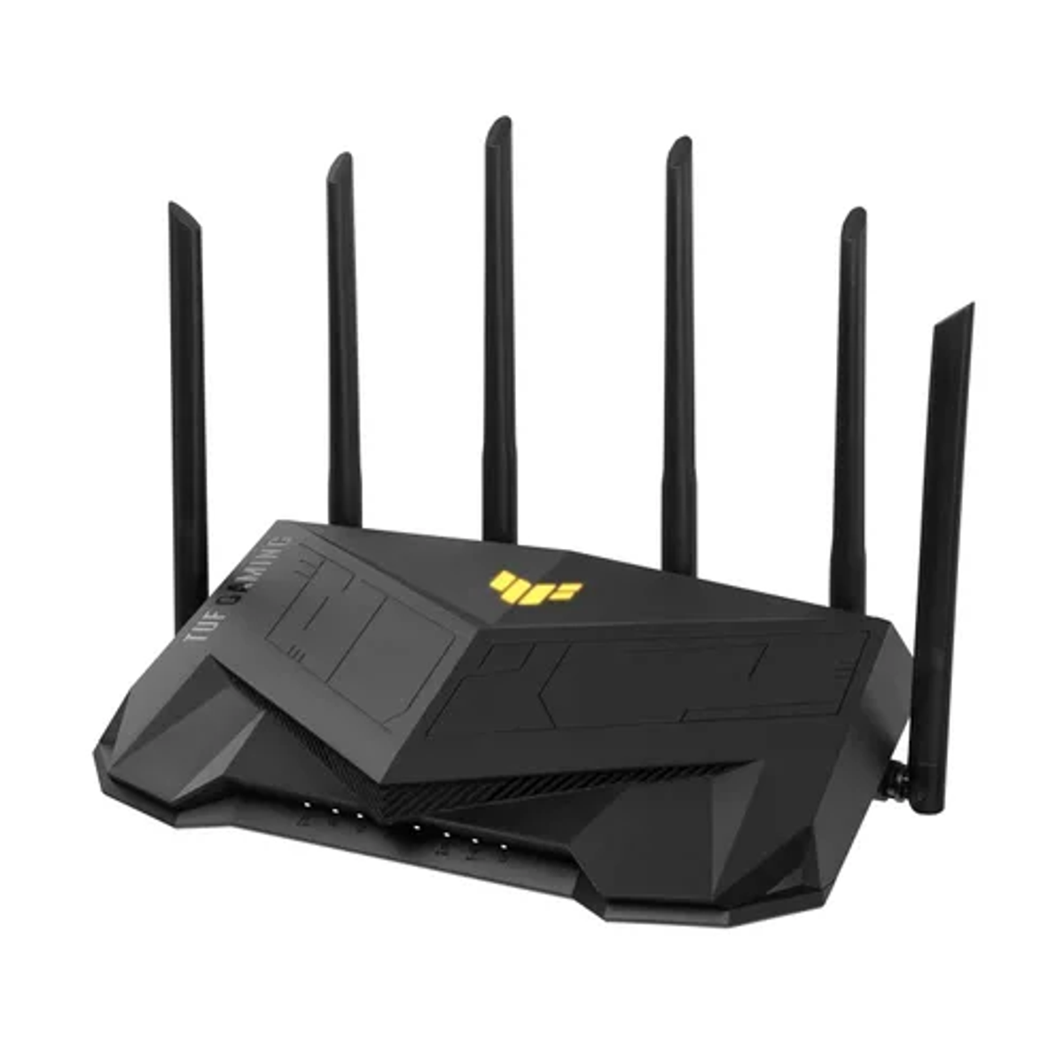 Router nero Asus TUF Gaming con sei antenne e un logo giallo su sfondo bianco.