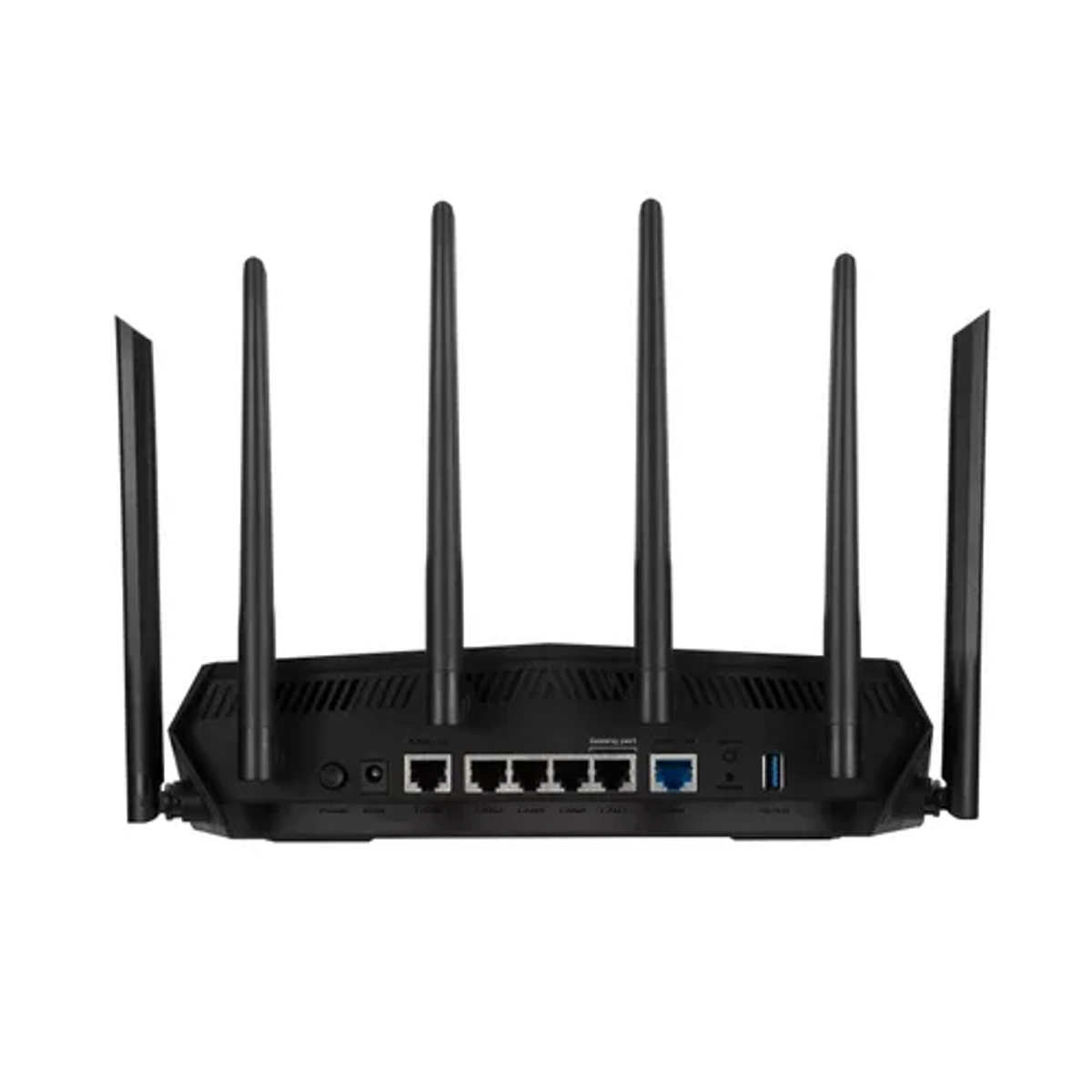 Un router Wi-Fi nero con sei antenne e varie porte sul pannello posteriore.