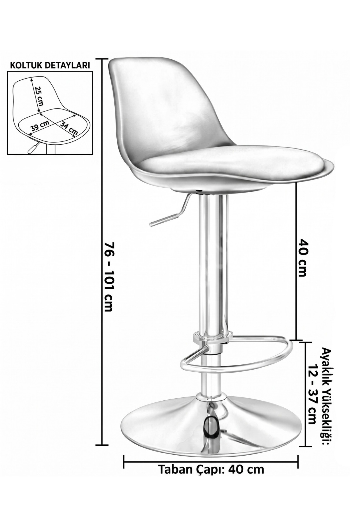 Krom tabanlı, ayaklıklı ve santimetre cinsinden ölçüleri belirtilen modern ayarlanabilir bar taburesi.
