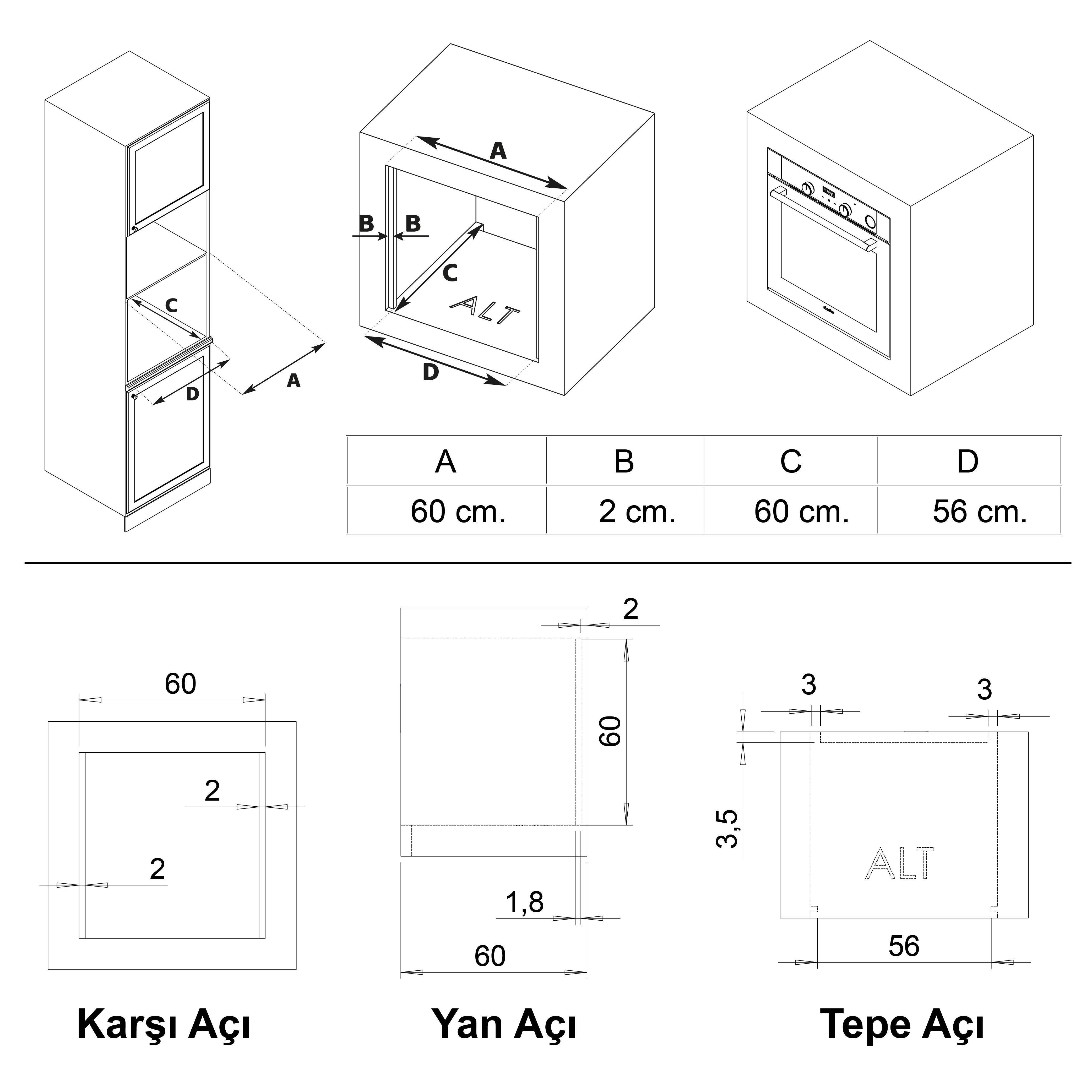 Farklı açılardan mutfak dolapları ve fırınlar için ölçüleri içeren teknik çizim.