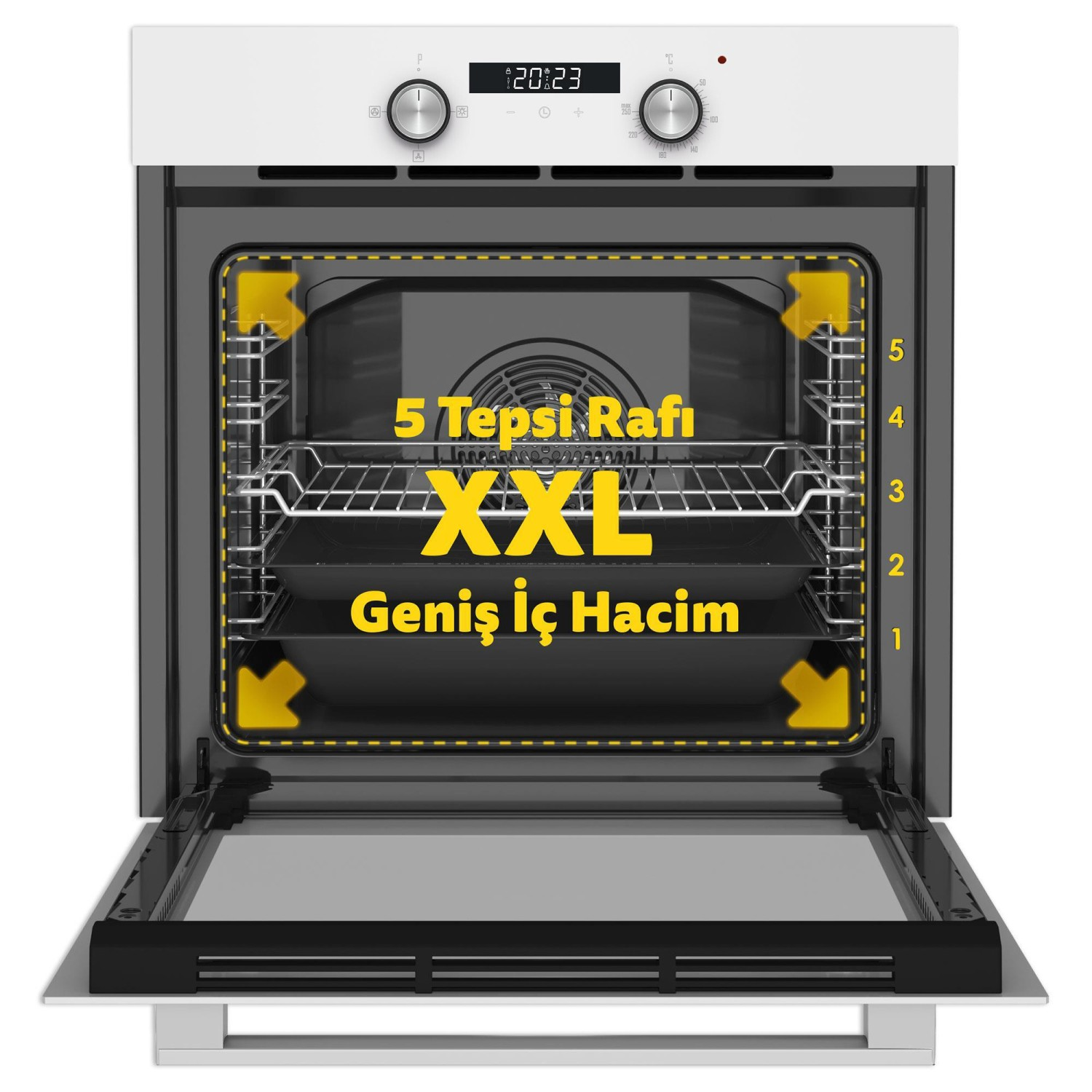 Kapağı açık beyaz fırın, içindeki metal raflar ve '5 Tepsi Rafı XXL Geniş İç Hacim' sarı metni.