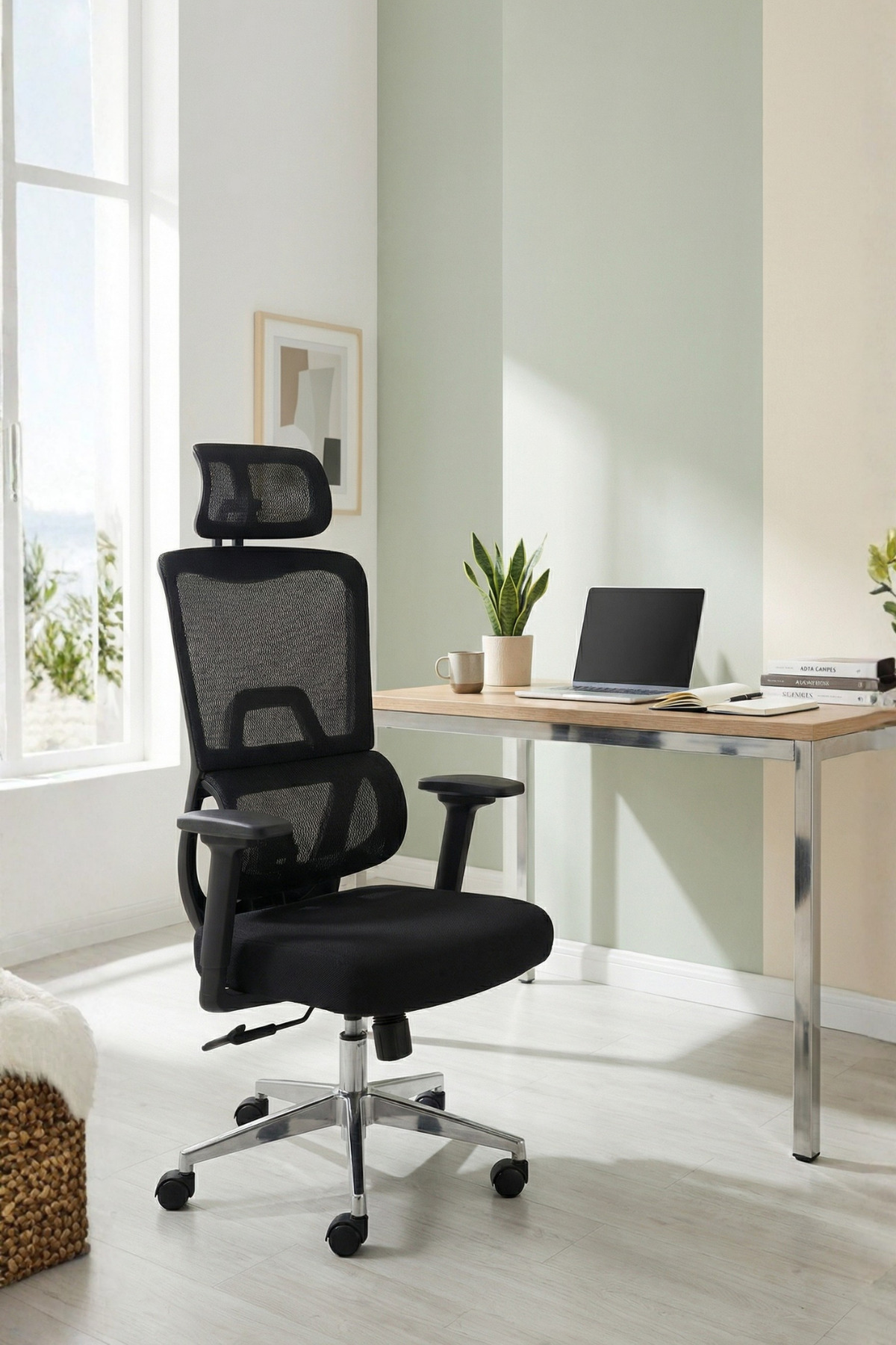 Siyah ergonomik ofis sandalyesi, dizüstü bilgisayarlı bir masanın önünde aydınlık bir odada duruyor.