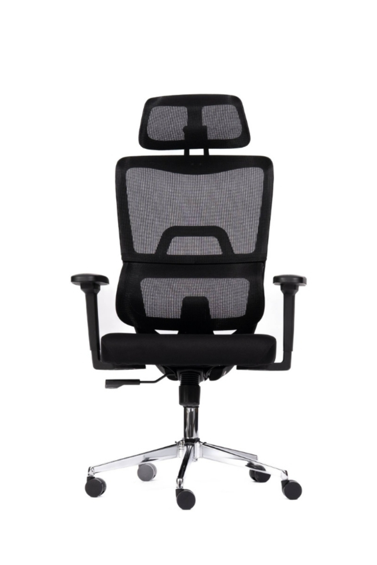 File sırtlıklı, baş destekli ve ayarlanabilir kollu, tekerlekli siyah ergonomik ofis koltuğu.