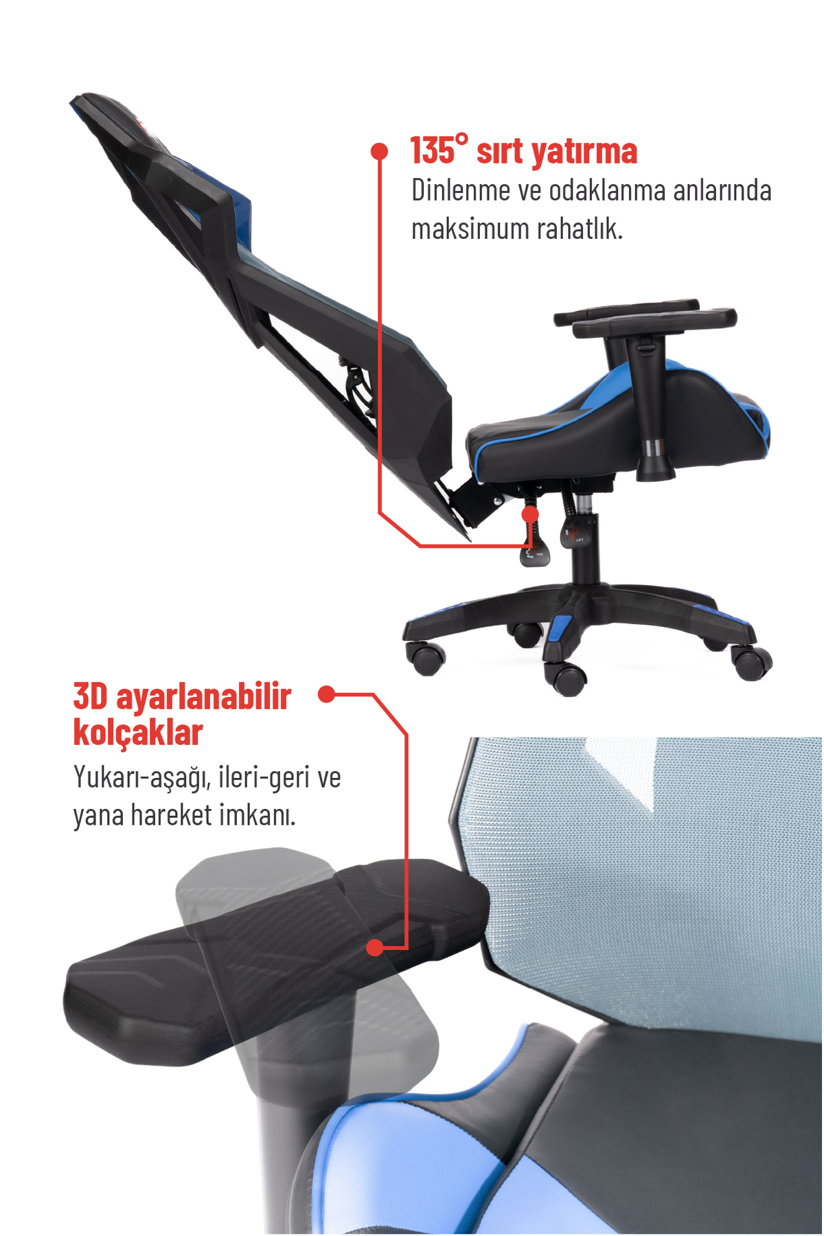 Ayarlanabilir sırt dayanağına ve 3D kolçaklara sahip mavi-siyah oyuncu koltuğu.
