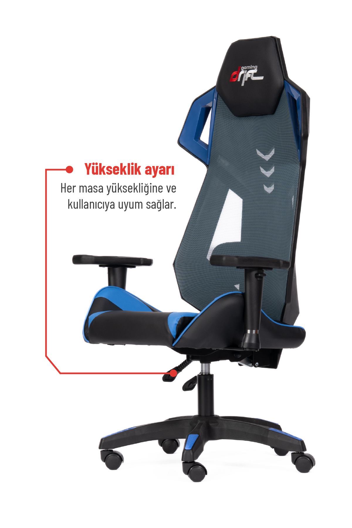 File sırtlı ve yükseklik ayarlı siyah ve mavi oyuncu koltuğu.