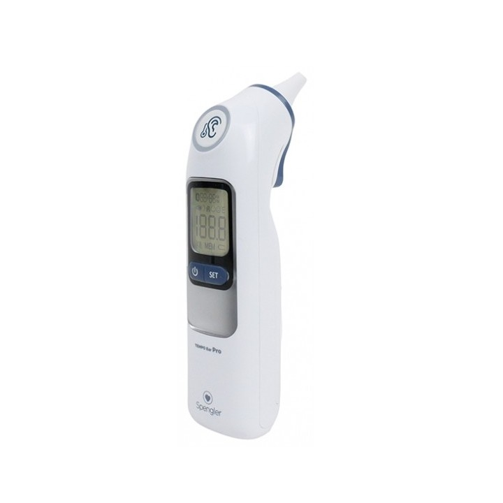 Un termometro auricolare a infrarossi digitale bianco con schermo LCD e due tasti su sfondo bianco.
