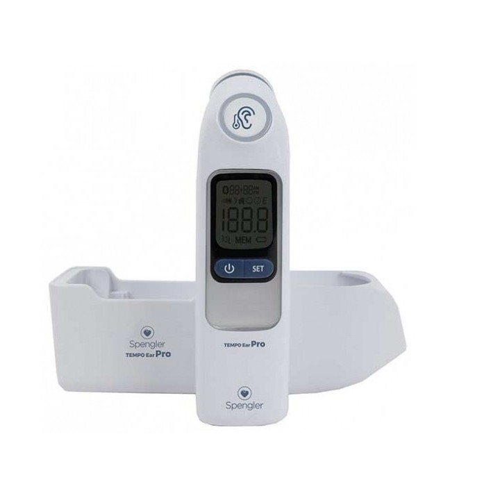 Termometro auricolare bianco Spengler TEMPO Ear Pro con schermo digitale davanti al suo supporto su sfondo bianco.