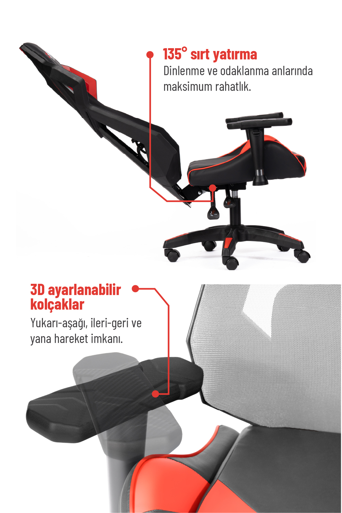 135 derece yatar sırt ve ayarlanabilir 3D kolçaklara sahip siyah ve kırmızı oyuncu koltuğu.