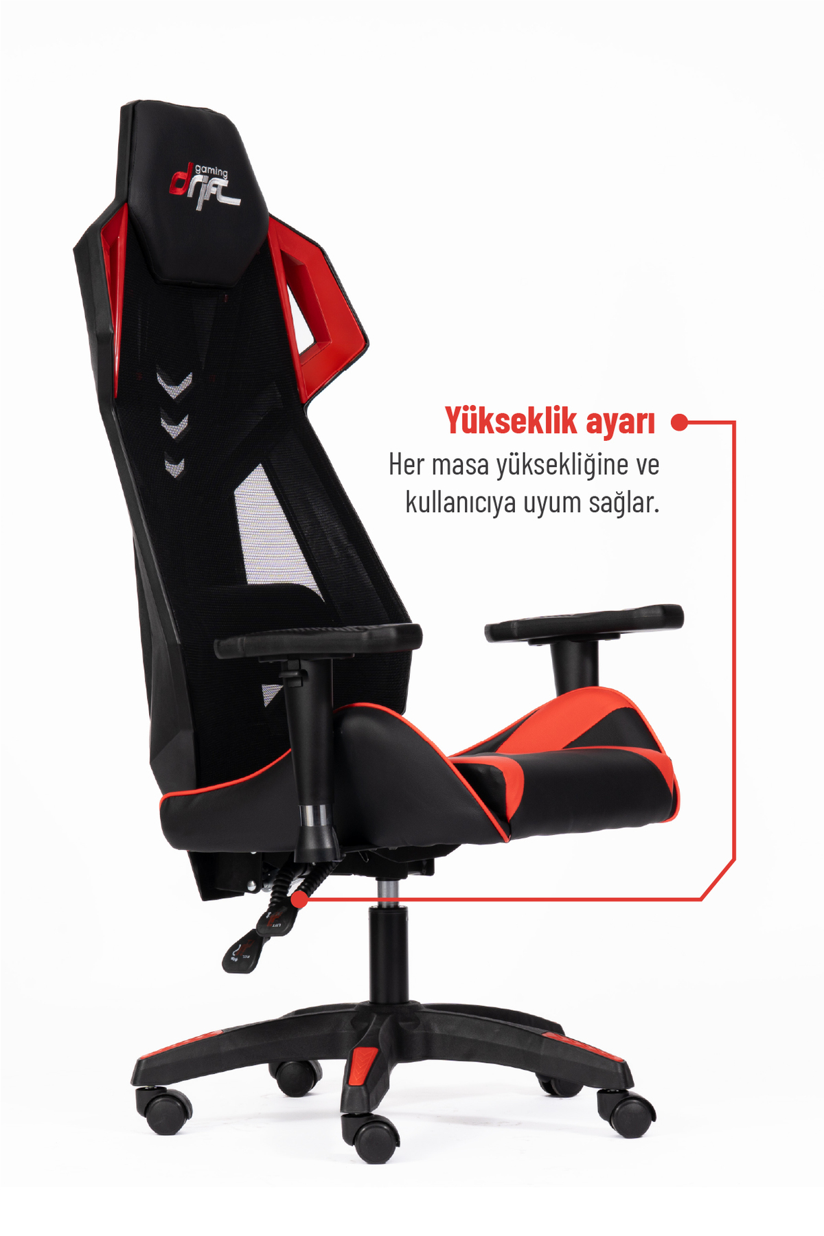 Yükseklik ayarlı, tekerlekli siyah ve kırmızı oyuncu koltuğu.