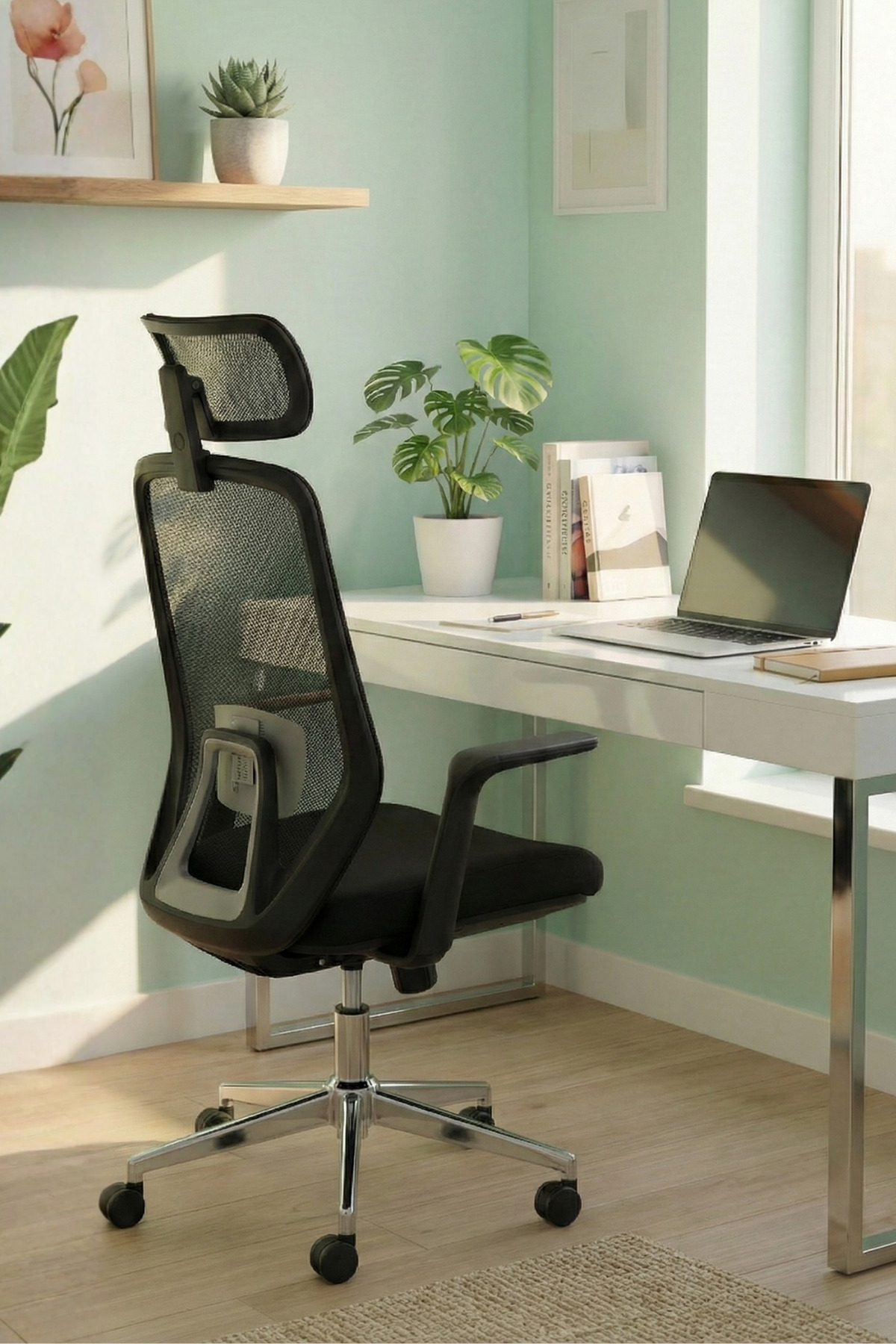 Açık yeşil odada laptoplu beyaz masanın önünde siyah ofis sandalyesi.