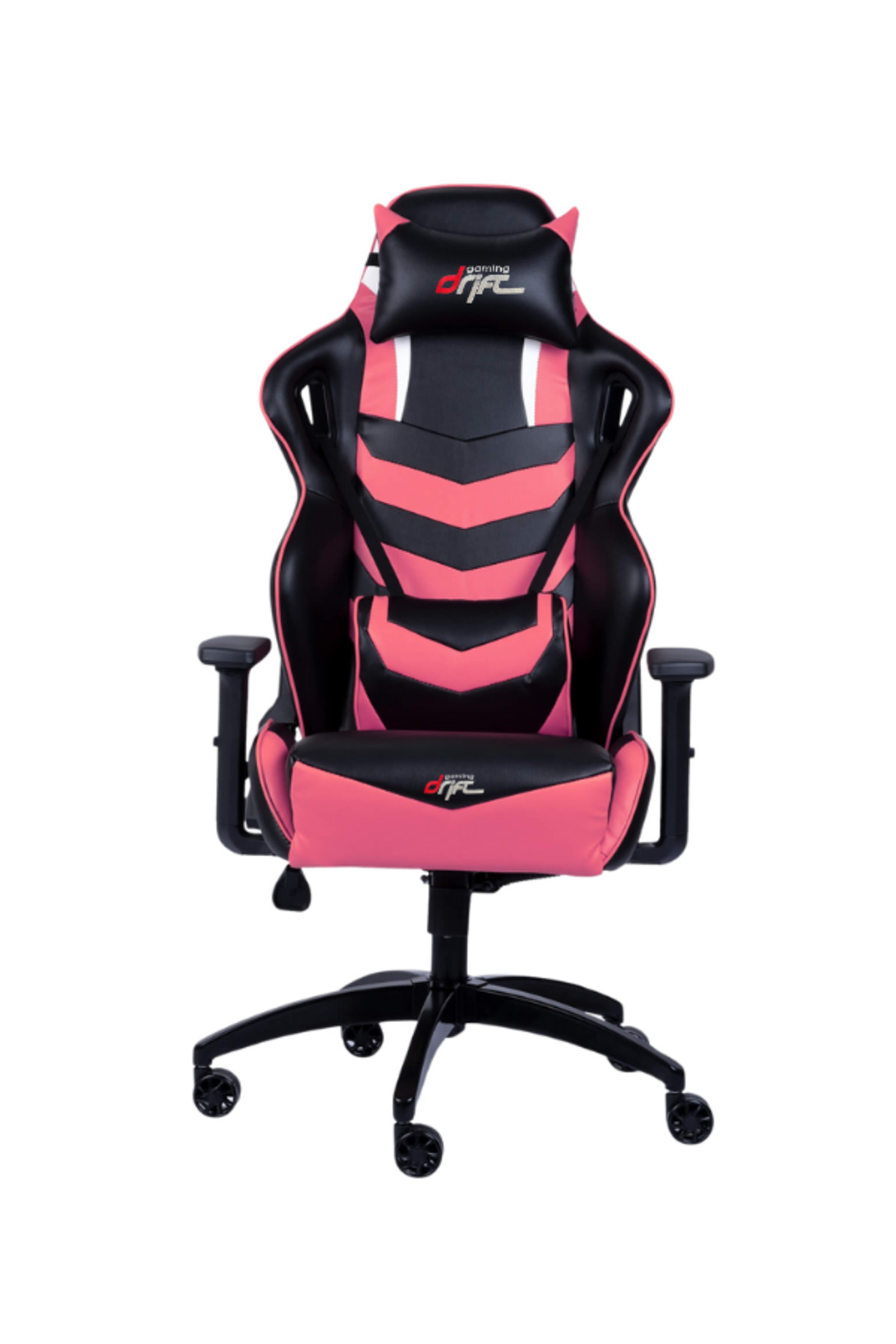 Siyah tekerlekli tabanlı, baş ve bel yastıklı siyah ve pembe ergonomik oyuncu koltuğu.