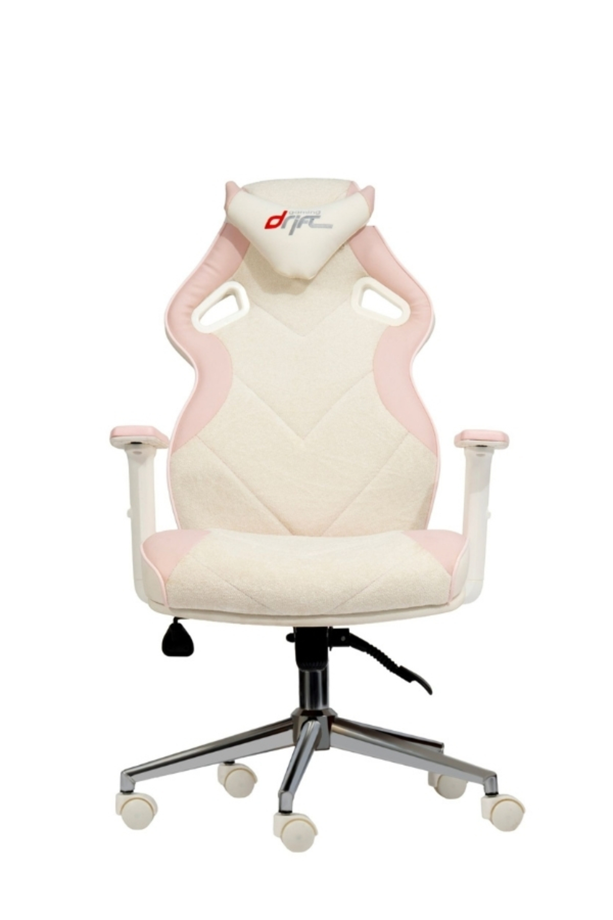 Beyaz arkaplanda tekerlekli, pembe ve beyaz ergonomik oyuncu koltuğu.