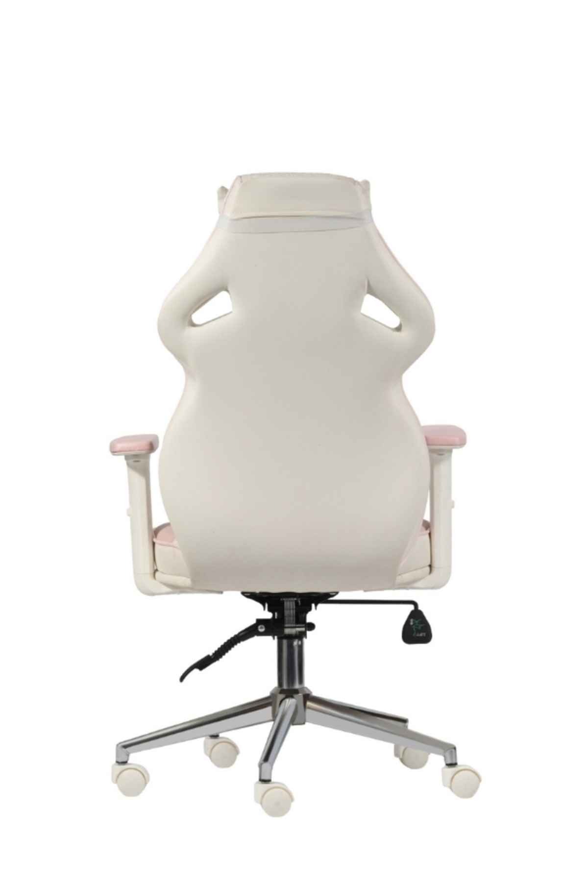 Tekerlekli, beyaz ve pembe renkli ergonomik oyuncu koltuğunun arka görünümü.