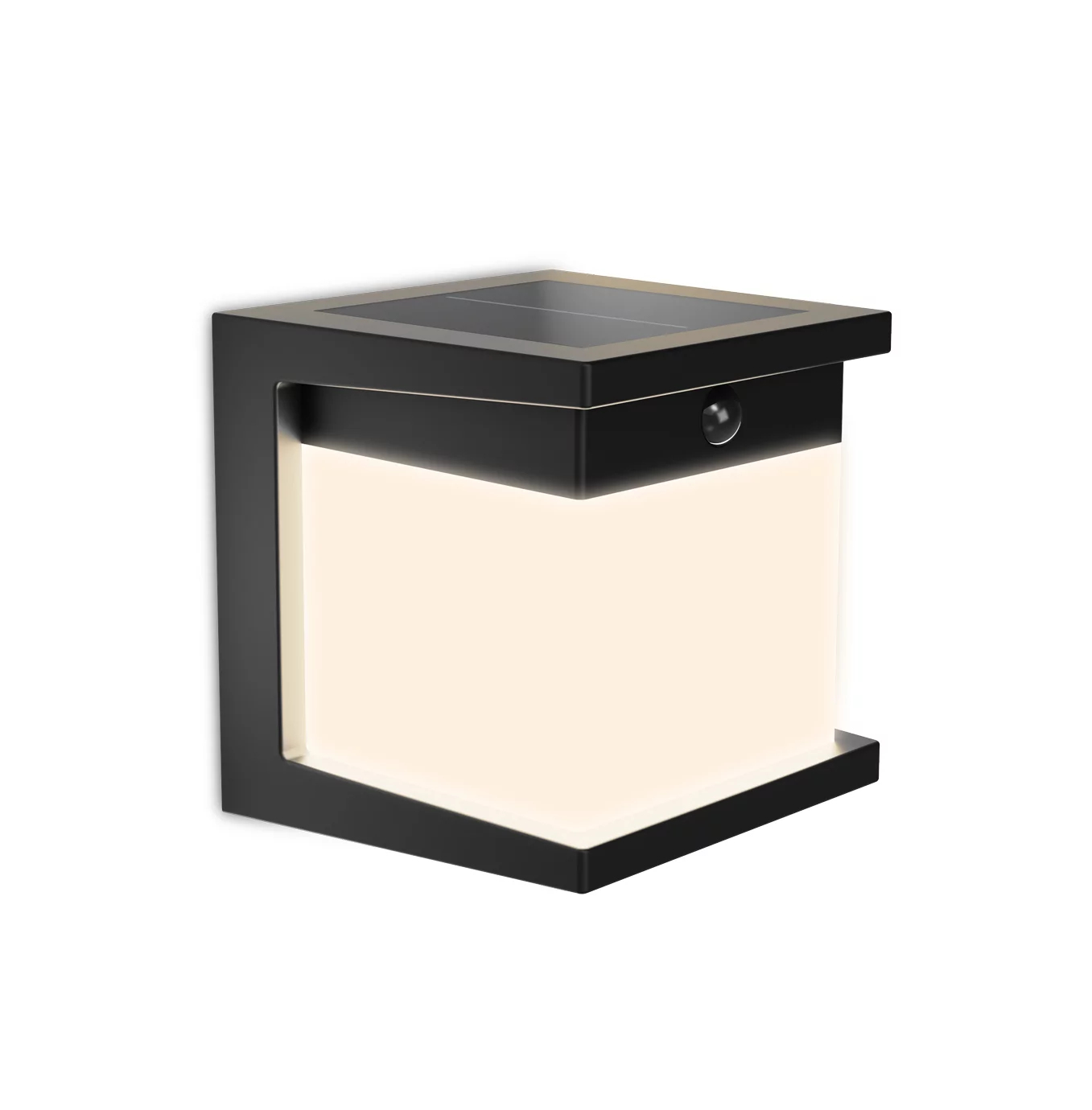 Moderne schwarze Wandleuchte mit Solarpanel oben und Sensor vorne, leuchtet warmweiß.