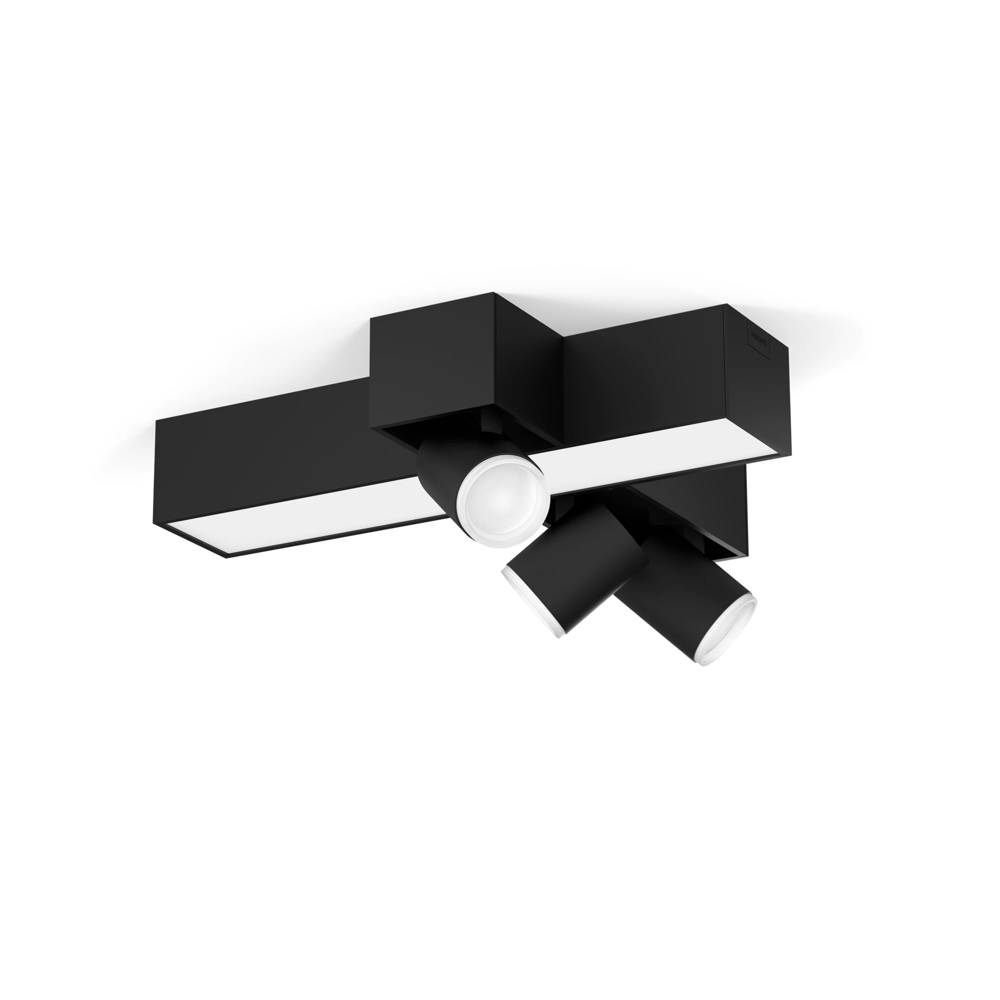 Una moderna plafoniera nera con tre faretti regolabili e barre LED integrate su sfondo bianco.