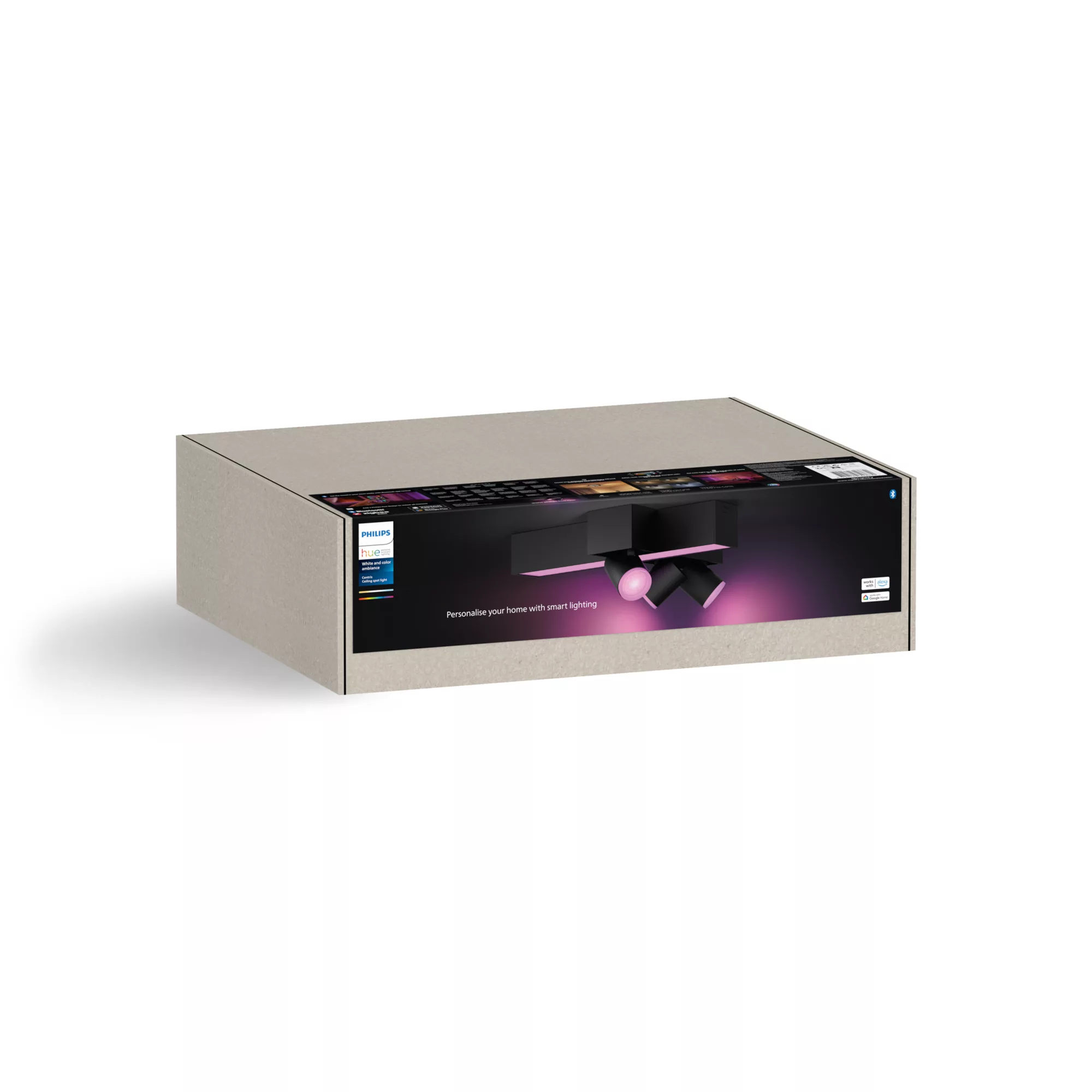 Una scatola grigia per un faretto da soffitto Philips Hue Centris con illuminazione colorata.