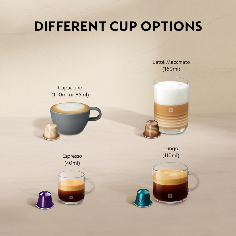 Açık arka planda cappuccino, latte macchiato, espresso ve lungo için farklı kahve fincanları ve kapsülleri.