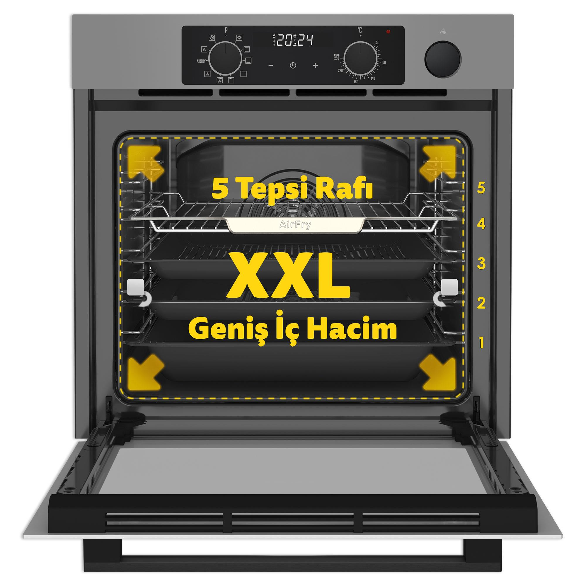 Açık iç haznesi, beş tepsi rafı ve XXL geniş hacmi olan gri fırın.