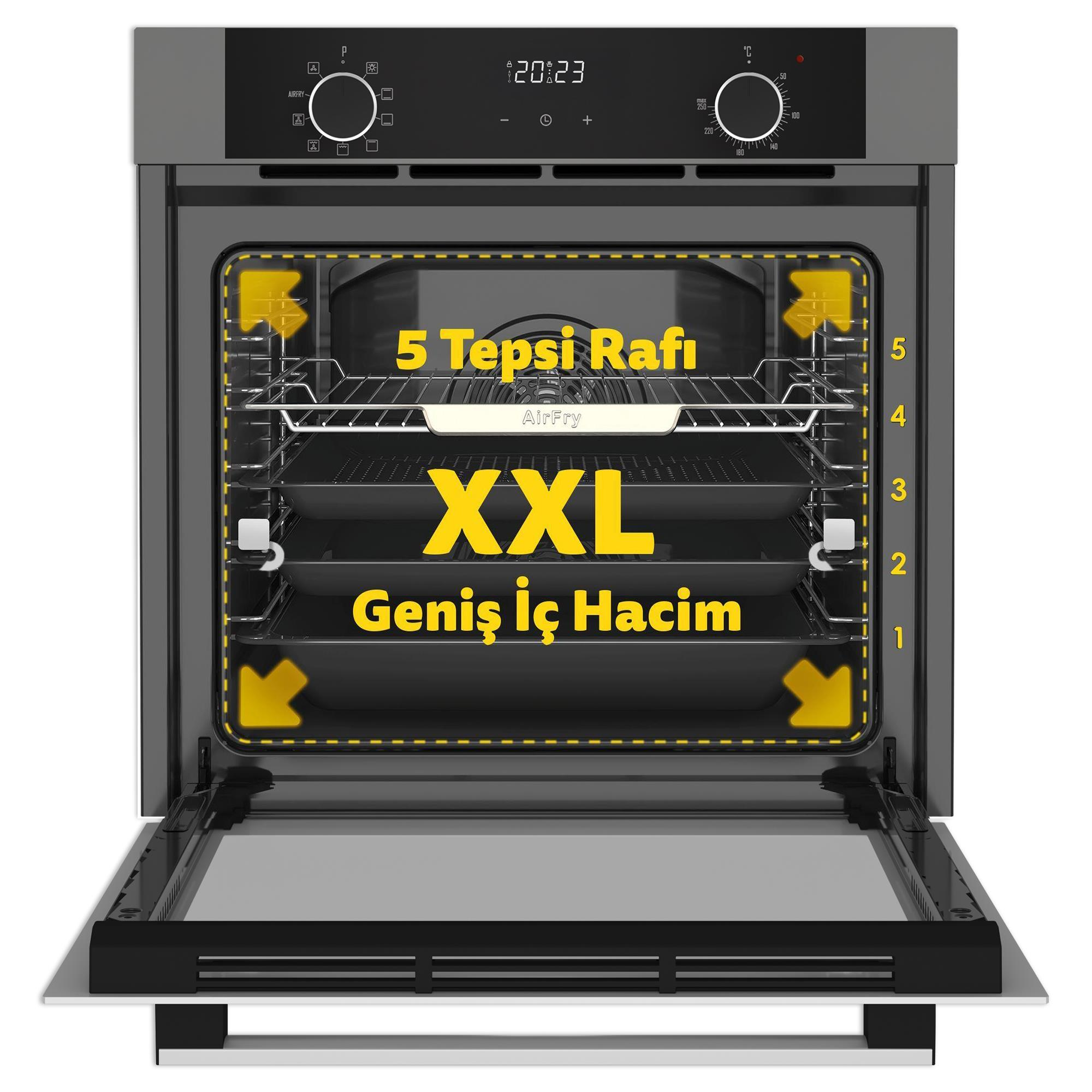 AirFry özellikli, 5 tepsi raflı ve geniş XXL iç hacimli açık fırın.