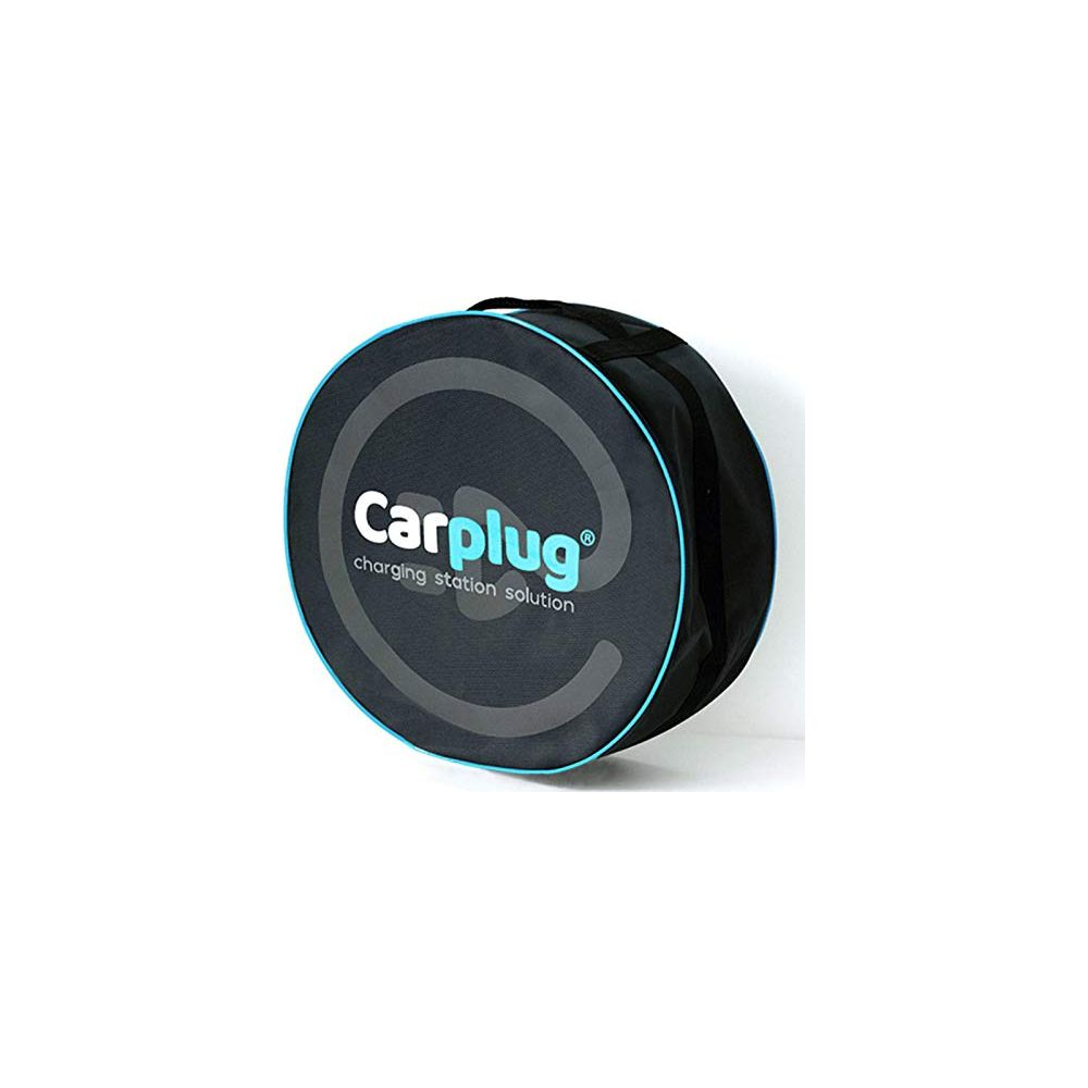 Mavi kenarlı ve beyaz-turkuaz Carplug logolu yuvarlak siyah çanta.