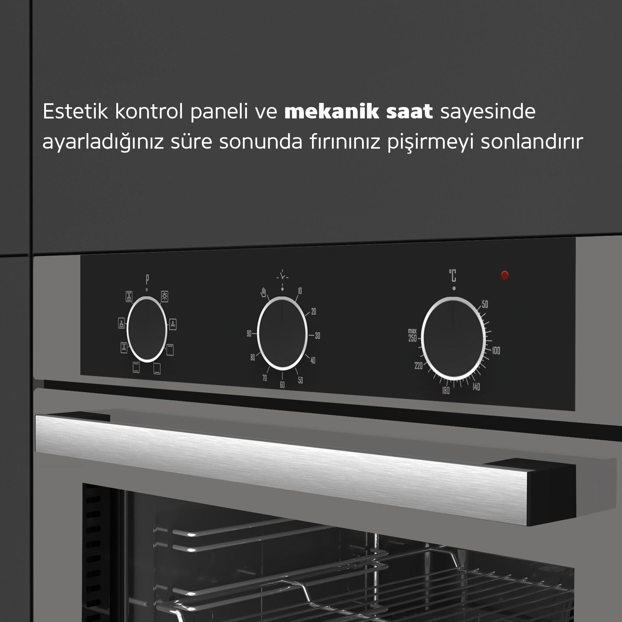 Üç döner düğmeli ve Türkçe tanıtım yazılı modern fırın kontrol paneli.