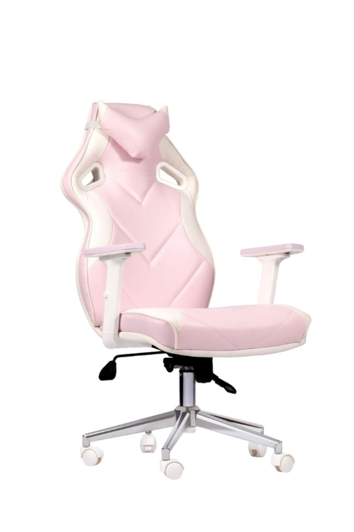 Beyaz arkaplanda ayarlanabilir kolçaklı ve tekerlekli, pembe ve beyaz renkli ergonomik oyuncu koltuğu.