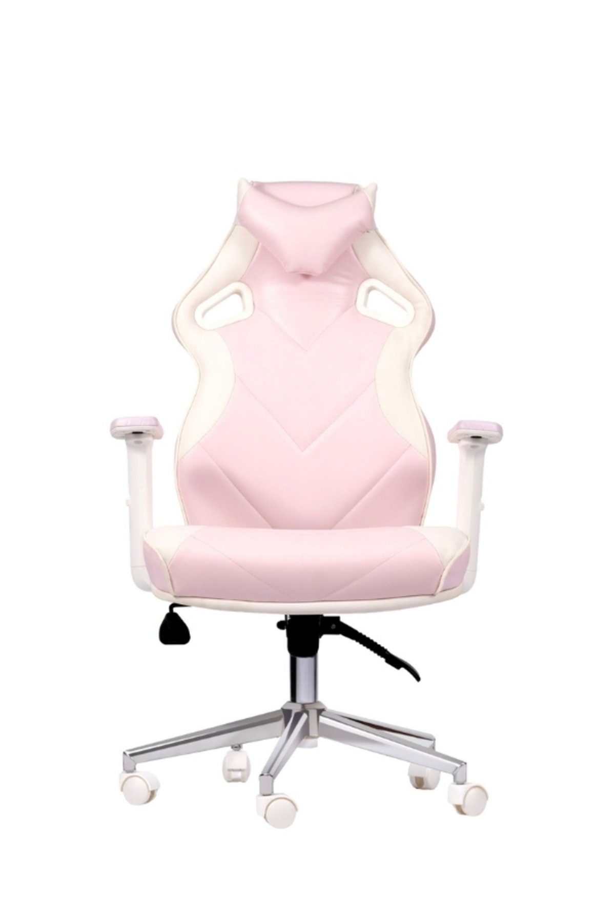 Beyaz arka planda tekerlekli ve ayarlanabilir kolçaklı, pembe ve beyaz renkli ergonomik oyuncu koltuğu.