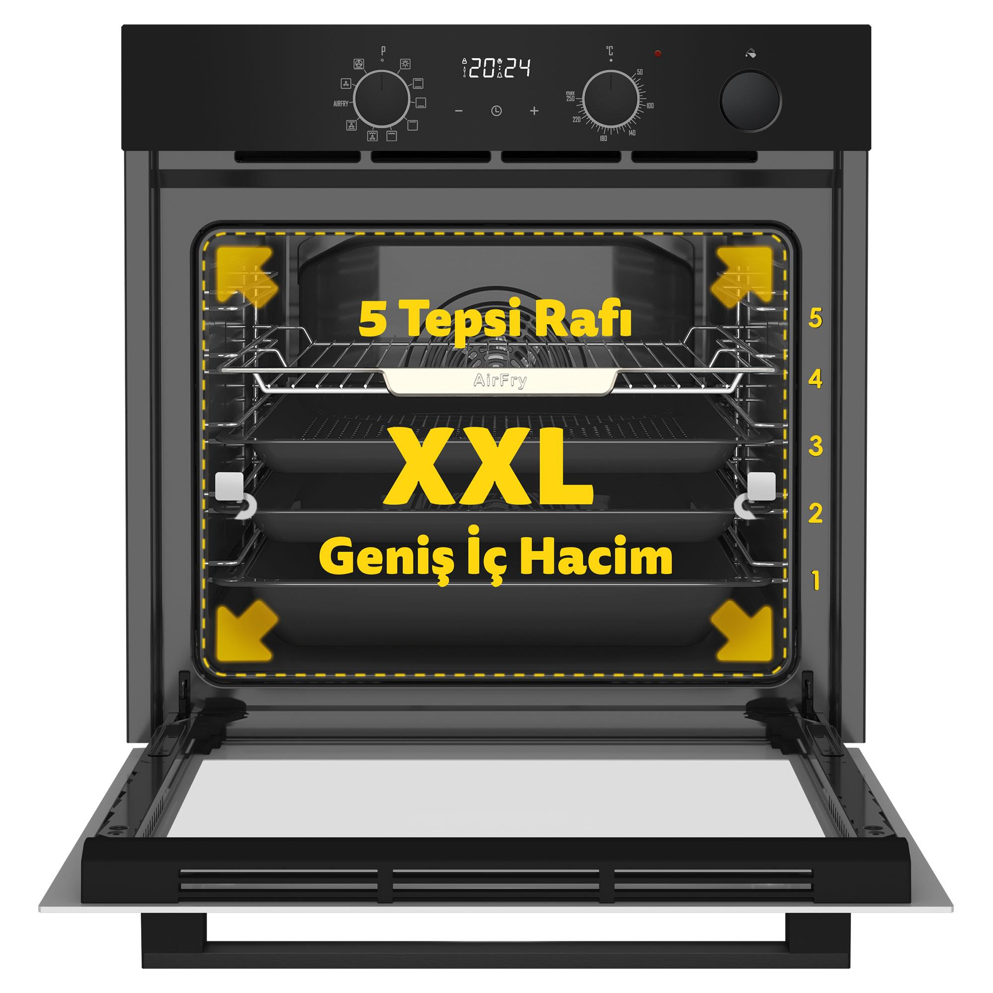 5 tepsi raflı ve XXL geniş iç hacimli açık siyah fırın içi.