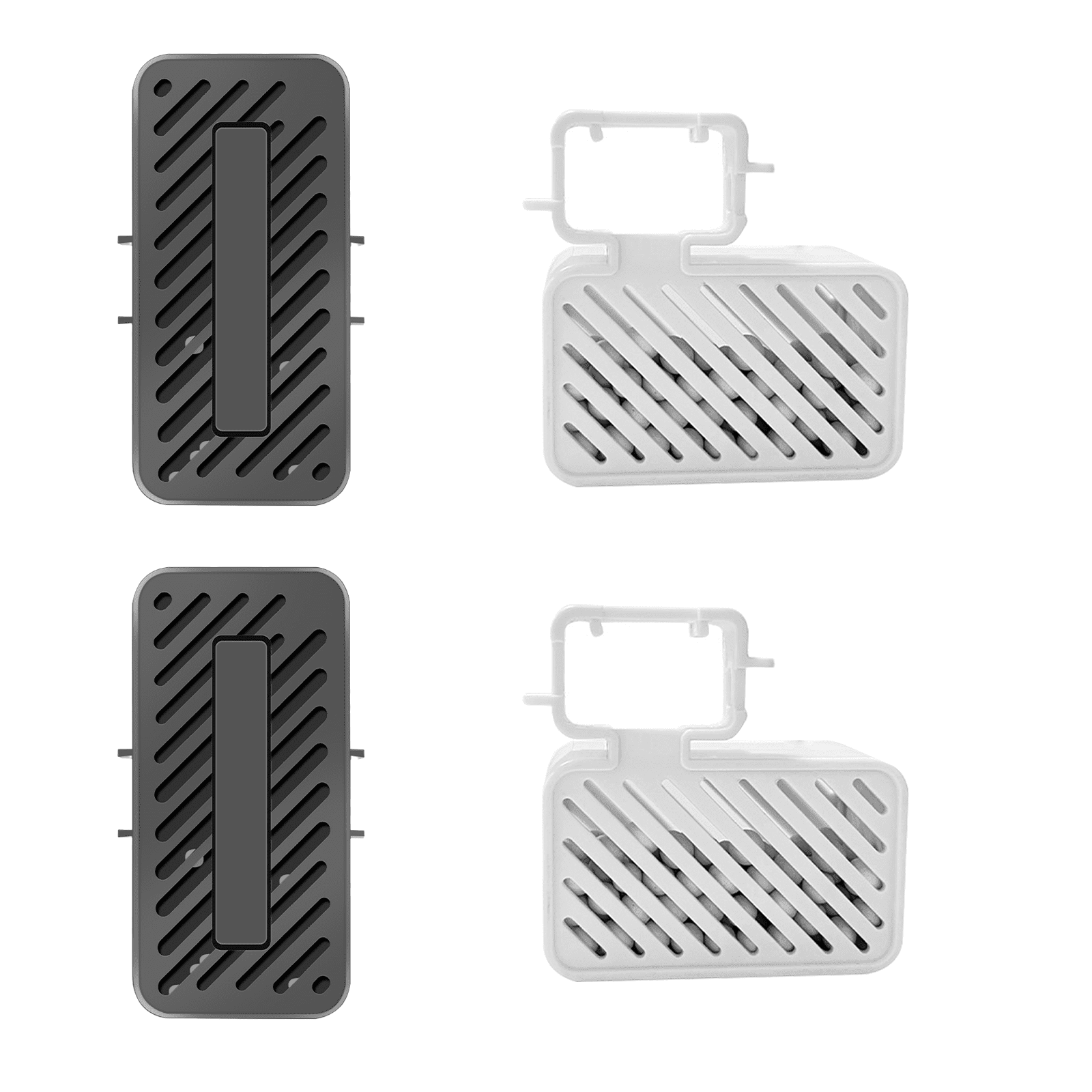 Deux filtres en plastique rectangulaires gris et deux blancs avec des fentes sur fond blanc.