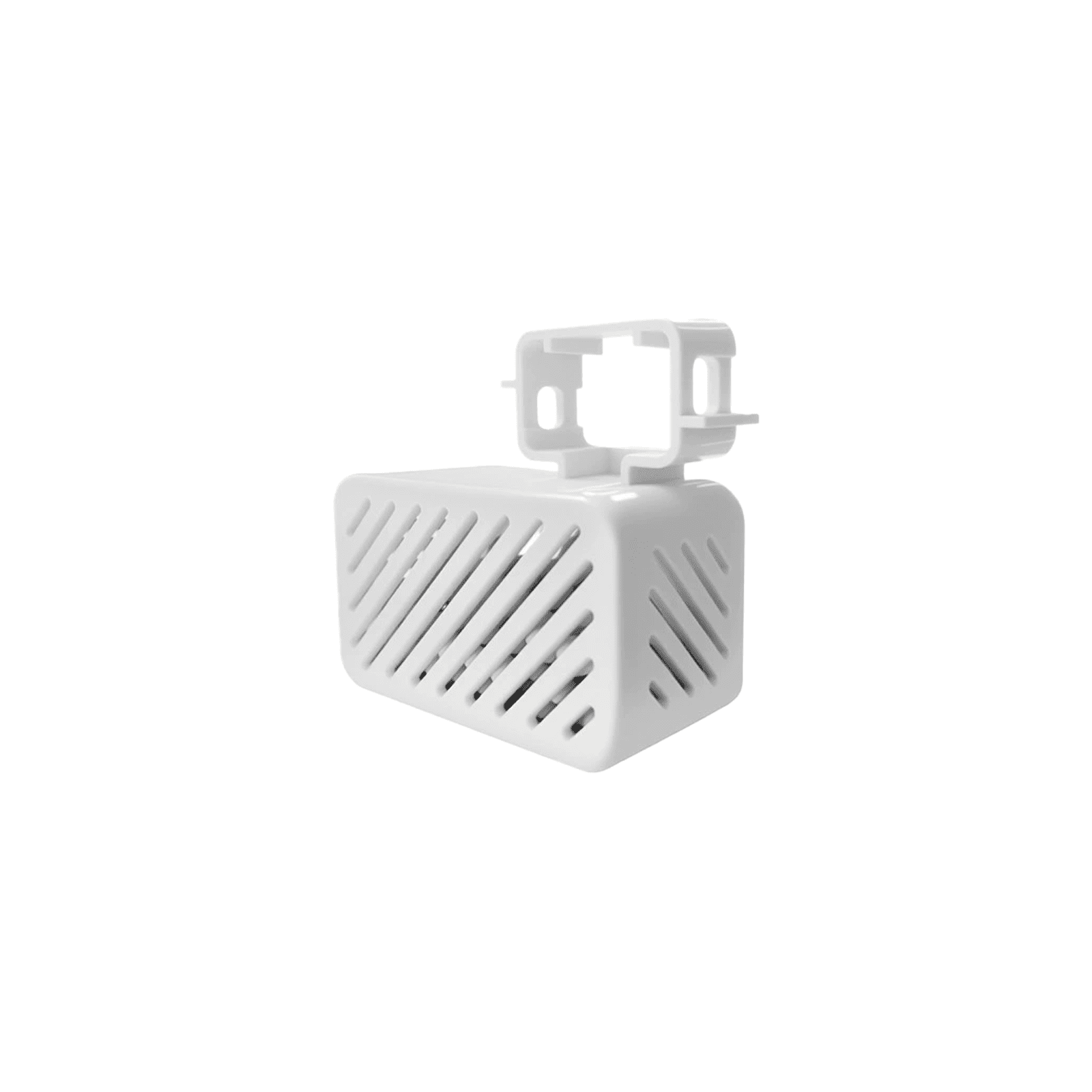 Couvercle de ventilation en plastique blanc avec fentes diagonales et clip de montage sur fond blanc.
