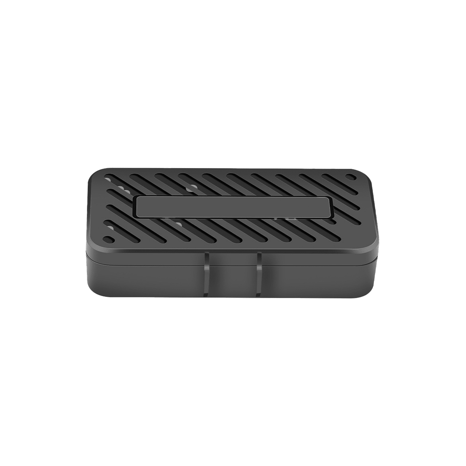 Une boîte noire rectangulaire avec des fentes diagonales et deux clips à l'avant.