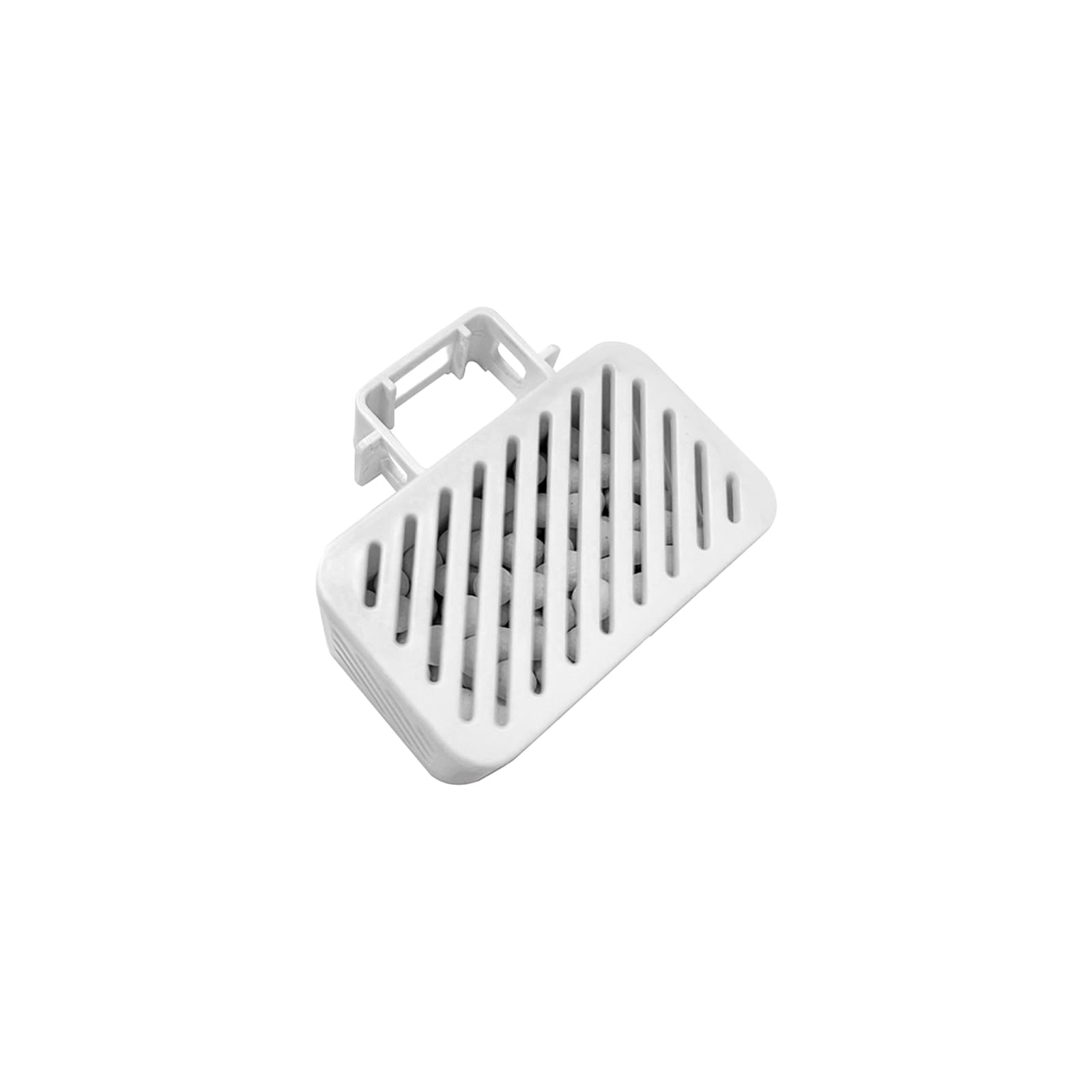 Porte-savon en plastique blanc avec dessus rainuré et attache de fixation.