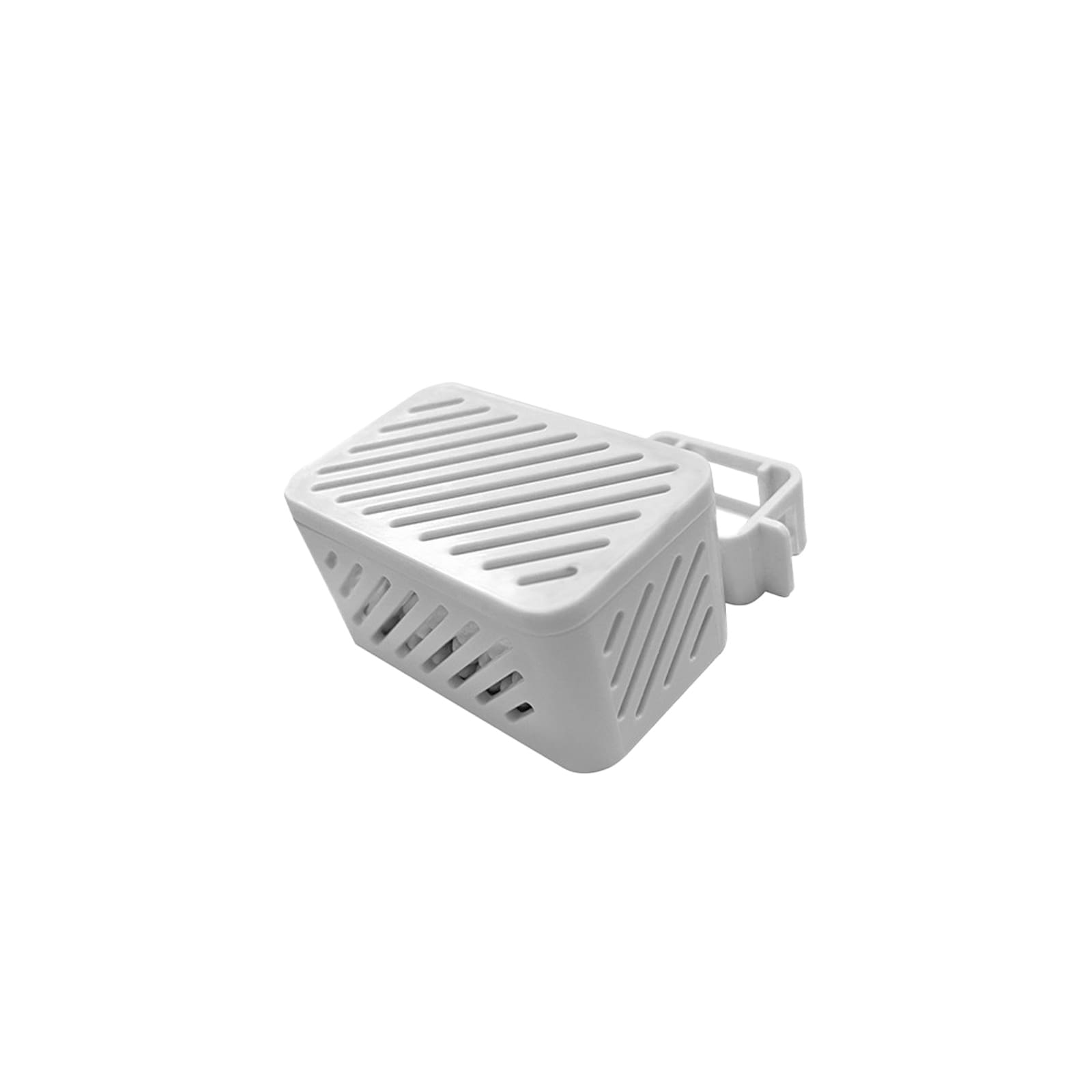 Un boîtier en plastique blanc incliné avec des fentes de ventilation et un clip de montage sur fond blanc.