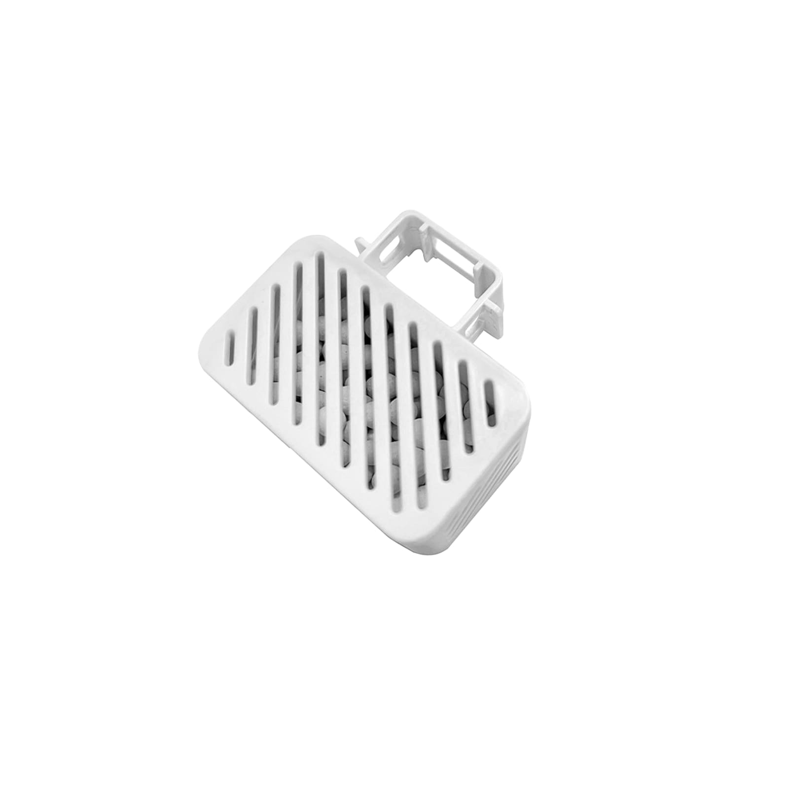 Un porte-savon en plastique blanc avec des fentes diagonales et un clip supérieur sur fond blanc.